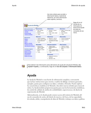 Ayuda                                                                                Obtención de ayuda




                                              Use estos enlaces para acceder a
                                              información básica, material de
                                              referencia, así como información
                                              sobre soporte y servicios.

                                                                                        Haga clic en el
                                                                                        vínculo de un
                                                                                        menú para ver
                                                                                        temas de la Ayuda
                                                                                        de todos los
                                                                                        comandos de ese
                                                                                        menú.




                Para obtener más información acerca del entorno de ayuda de la Ayuda de Minitab, elija
                Ayuda ➤ Ayuda y, a continuación, haga clic en Uso de la Ayuda en Información básica.




               Ayuda
               La Ayuda de Minitab es una fuente de información completa y conveniente
               que incluye instrucciones para menús y cuadros de diálogo, revisiones generales,
               ejemplos, pautas para configurar sus datos y métodos y fórmulas. Puede explorar
               las características estadísticas de Minitab y descubrir nuevos métodos para tareas de
               rutina. La Ayuda también proporciona pautas para usar las herramientas estadísticas,
               de control de calidad, de análisis de confiabilidad y supervivencia y de diseño de
               experimentos de Minitab.
               Adicionalmente, en la Ayuda puede conocer acerca del entorno de Minitab, del
               uso de comandos de sesión, del diseño de macros y de Execs, de las capacidades
               de entrada, salida y manipulación de datos de Minitab y trabajar con datos y gráficas.




Meet Minitab                                                                                             10-5
 