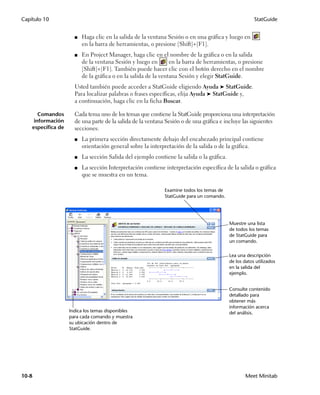 Capítulo 10                                                                                            StatGuide


                      ■   Haga clic en la salida de la ventana Sesión o en una gráfica y luego en
                          en la barra de herramientas, o presione [Shift]+[F1].
                      ■   En Project Manager, haga clic en el nombre de la gráfica o en la salida
                          de la ventana Sesión y luego en        en la barra de herramientas, o presione
                          [Shift]+[F1]. También puede hacer clic con el botón derecho en el nombre
                          de la gráfica o en la salida de la ventana Sesión y elegir StatGuide.
                      Usted también puede acceder a StatGuide eligiendo Ayuda ➤ StatGuide.
                      Para localizar palabras o frases específicas, elija Ayuda ➤ StatGuide y,
                      a continuación, haga clic en la ficha Buscar.

       Comandos       Cada tema uno de los temas que contiene la StatGuide proporciona una interpretación
     información      de una parte de la salida de la ventana Sesión o de una gráfica e incluye las siguientes
    específica de     secciones:
                      ■   La primera sección directamente debajo del encabezado principal contiene
                          orientación general sobre la interpretación de la salida o de la gráfica.
                      ■   La sección Salida del ejemplo contiene la salida o la gráfica.
                      ■   La sección Interpretación contiene interpretación específica de la salida o gráfica
                          que se muestra en un tema.

                                                             Examine todos los temas de
                                                             StatGuide para un comando.




                                                                                           Muestre una lista
                                                                                           de todos los temas
                                                                                           de StatGuide para
                                                                                           un comando.


                                                                                           Lea una descripción
                                                                                           de los datos utilizados
                                                                                           en la salida del
                                                                                           ejemplo.


                                                                                           Consulte contenido
                                                                                           detallado para
                                                                                           obtener más
                                                                                           información acerca
                    Indica los temas disponibles                                           del análisis.
                    para cada comando y muestra
                    su ubicación dentro de
                    StatGuide.




10-8                                                                                               Meet Minitab
 