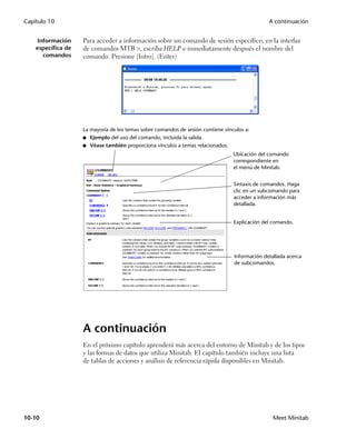 Capítulo 10                                                                                      A continuación


     Información    Para acceder a información sobre un comando de sesión específico, en la interfaz
    específica de   de comandos MTB , escriba HELP e inmediatamente después el nombre del
       comandos     comando. Presione [Intro]. (Enter)




                    La mayoría de los temas sobre comandos de sesión contiene vínculos a:
                    ■   Ejemplo del uso del comando, incluida la salida.
                    ■   Véase también proporciona vínculos a temas relacionados.
                                                                                   Ubicación del comando
                                                                                   correspondiente en
                                                                                   el menú de Minitab.


                                                                                   Sintaxis de comandos. Haga
                                                                                   clic en un subcomando para
                                                                                   acceder a información más
                                                                                   detallada.


                                                                                   Explicación del comando.




                                                                                   Información detallada acerca
                                                                                   de subcomandos.




                    A continuación
                    En el próximo capítulo aprenderá más acerca del entorno de Minitab y de los tipos
                    y las formas de datos que utiliza Minitab. El capítulo también incluye una lista
                    de tablas de acciones y análisis de referencia rápida disponibles en Minitab.




10-10                                                                                              Meet Minitab
 