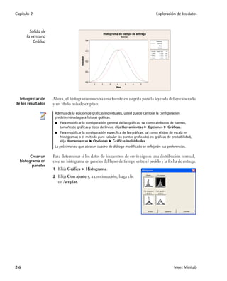 Capítulo 2                                                                                  Exploración de los datos



        Salida de
      la ventana
          Gráfica




  Interpretación    Ahora, el histograma muestra una fuente en negrita para la leyenda del encabezado
de los resultados   y un título más descriptivo.

                     Además de la edición de gráficas individuales, usted puede cambiar la configuración
                     predeterminada para futuras gráficas.
                     ■    Para modificar la configuración general de las gráficas, tal como atributos de fuentes,
                          tamaño de gráficas y tipos de líneas, elija Herramientas ➤ Opciones ➤ Gráficas.
                     ■    Para modificar la configuración específica de las gráficas, tal como el tipo de escala en
                          histogramas o el método para calcular los puntos graficados en gráficas de probabilidad,
                          elija Herramientas ➤ Opciones ➤ Gráficas individuales.
                     La próxima vez que abra un cuadro de diálogo modificado se reflejarán sus preferencias.

        Crear un    Para determinar si los datos de los centros de envío siguen una distribución normal,
  histograma en     cree un histograma en paneles del lapso de tiempo entre el pedido y la fecha de entrega.
         paneles
                    1 Elija Gráfica ➤ Histograma.

                    2 Elija Con ajuste y, a continuación, haga clic
                         en Aceptar.




2-6                                                                                                     Meet Minitab
 