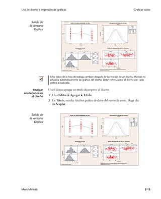 Uso de diseño e impresión de gráficas                                                                 Graficar datos



        Salida de
      la ventana
          Gráfica




                       Si los datos de la hoja de trabajo cambian después de la creación de un diseño, Minitab no
                       actualiza automáticamente las gráficas del diseño. Debe volver a crear el diseño con cada
                       gráfica actualizada.

         Realizar     Usted desea agregar un título descriptivo al diseño.
  anotaciones en
       el diseño      1 Elija Editor ➤ Agregar ➤ Título.

                      2 En Título, escriba Análisis gráfico de datos del centro de envío. Haga clic
                         en Aceptar.


        Salida de
      la ventana
          Gráfica




Meet Minitab                                                                                                    2-13
 