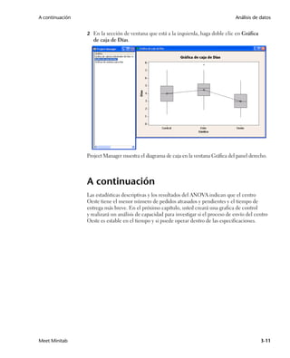 A continuación                                                                         Análisis de datos


                 2 En la sección de ventana que está a la izquierda, haga doble clic en Gráfica
                    de caja de Días.




                 Project Manager muestra el diagrama de caja en la ventana Gráfica del panel derecho.




                 A continuación
                 Las estadísticas descriptivas y los resultados del ANOVA indican que el centro
                 Oeste tiene el menor número de pedidos atrasados y pendientes y el tiempo de
                 entrega más breve. En el próximo capítulo, usted creará una grafica de control
                 y realizará un análisis de capacidad para investigar si el proceso de envío del centro
                 Oeste es estable en el tiempo y si puede operar dentro de las especificaciones.




Meet Minitab                                                                                       3-11
 