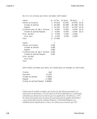 Capítulo 5                                                                        Análisis del diseño




             Análisis de varianza para Horas (unidades codificadas)

             Fuente                            GL         SC Sec.   SC Ajust.    CM Ajust.        F
             Efectos principales                2         44.9152     44.9152      22.4576    50.32
               Sistema de pedidos               1         28.7680     28.7680      28.7680    64.46
               Paquete                          1         16.1472     16.1472      16.1472    36.18
             2-Interacciones de (No.) factores 1           8.9787      8.9787       8.9787    20.12
               Sistema de pedidos*Paquete       1          8.9787      8.9787       8.9787    20.12
             Error residual                     8          3.5705      3.5705       0.4463
               Error puro                       8          3.5705      3.5705       0.4463
             Total                             11         57.4645

             Fuente                                      P
             Efectos principales                     0.000
               Sistema de pedidos                    0.000
               Paquete                               0.000
             2-Interacciones de (No.) factores       0.002
               Sistema de pedidos*Paquete            0.002
             Error residual
               Error puro
             Total



             Coeficientes estimados para Horas utilizando datos en unidades no codificadas

             Término                             Coef
             Constante                        12.5733
             Sistema de pedidos               1.54833
             Paquete                         -1.16000
             Sistema de pedidos*Paquete      0.865000




             Usted ajusta el modelo completo, que incluye los dos efectos principales y la
             interacción de dos factores. Use los valores p (P) de la tabla Efectos y coeficientes
             estimados para determinar los efectos que son significativos. Al utilizar  = 0.05,
             los efectos principales para el sistema de procesamiento de pedidos (Sist Orden)
             y para el procedimiento de embalaje (Paquete) y Sist OrdenPaquete son
             estadísticamente significativos; es decir, sus valores p son menores que 0.05.




5-8                                                                                    Meet Minitab
 
