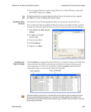 Obtención de datos de distintas fuentes                                         Preparación de una hoja de trabajo


                      4 En la carpeta Datos de muestra, haga doble clic en Meet Minitab y luego elija
                         Este.MTW. Haga clic en Abrir.

                       Minitab puede abrir una serie de tipos de archivos. Para ver los tipos de archivos, haga clic
                       en Tipo en el cuadro de diálogo Abrir hoja de trabajo.


 Combinar datos       El centro de envío Central guardó los datos en una hoja de cálculo de Excel.
       de Excel
                      Para combinar los datos de pedidos de libros de Central con los datos de Este, combine
                      los datos de la hoja de cálculo de Excel con los de la hoja de trabajo actual de Minitab.
                      1 Elija Archivo ➤ Abrir hoja de
                         trabajo.
                      2 En Tipo, elija Excel
                         (.xls; .xlsx).
                      3 Elija Central.XLS.

                      4 Elija Combinar.

                      5 Haga clic en Abrir.




  Examinar una        Elija Combinar para agregar los datos de Excel en su hoja de trabajo actual. Minitab
 hoja de trabajo      coloca los datos en celdas a la derecha de los datos de la hoja de trabajo actual,
                      en las columnas C5 a la C8. Si no hubiera elegido Combinar, Minitab habría
                      colocado los datos en una hoja de trabajo por separado.
                          Datos originales                  Datos combinados




                       Minitab también proporciona un comando del menú Combinar hojas de trabajo que ofrece
                       opciones adicionales para fusionar dos o más hojas de trabajo abiertas. Para obtener más
                       información acerca del comando para Combinar, vaya a Combinar hojas de trabajo en el índice
                       de la Ayuda de Minitab.



Meet Minitab                                                                                                           8-3
 