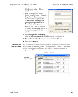 Preparación de la hoja de trabajo para análisis                             Preparación de una hoja de trabajo


                       1 Elija Datos ➤ Apilar ➤ Bloques
                          de columnas.
                       2 En la lista de variables, resalte
                          Pedido, Llegada, Estatus y Distancia.
                          Haga clic en Seleccionar para mover
                          las variables hacia la primera fila
                          de Apilar dos o más bloques de
                          columnas uno encima del otro.
                          Mover hacia la fila siguiente.
                       3 Repita el paso 2 para las columnas
                          de pedido, llegada, estado y distancia
                          de los centros de envío Central
                          y Oeste.
                       4 En Almacenar datos apilados en,
                          elija Nueva hoja de trabajo. En Nombre, escriba Mis_datosenvío.
                       5 Marque Usar nombres de variables en columna de subíndices.

                       6 Haga clic en Aceptar.

   Examinar una        Las variables de los centros de envío están todas en las mismas columnas, en las
  hoja de trabajo      cuales Pedido (centro Este), Pedido_1 (centro Central) y Pedido_2 (centro Oeste)
                       actúan como etiquetas o subíndices para indicar en qué centro de envío se
                       originaron los datos.
                                                             columna Subíndices


                         Flecha de
                         ingreso de datos




Meet Minitab                                                                                              8-7
 