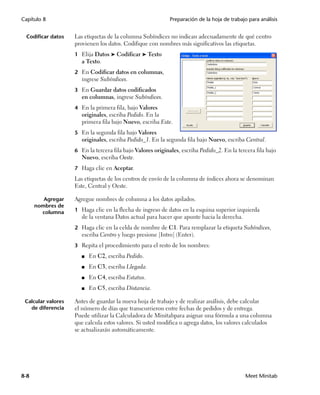 Capítulo 8                                                   Preparación de la hoja de trabajo para análisis


  Codificar datos   Las etiquetas de la columna Subíndices no indican adecuadamente de qué centro
                    provienen los datos. Codifique con nombres más significativos las etiquetas.
                    1 Elija Datos ➤ Codificar ➤ Texto
                       a Texto.
                    2 En Codificar datos en columnas,
                       ingrese Subíndices.
                    3 En Guardar datos codificados
                       en columnas, ingrese Subíndices.
                    4 En la primera fila, bajo Valores
                       originales, escriba Pedido. En la
                       primera fila bajo Nuevo, escriba Este.
                    5 En la segunda fila bajo Valores
                       originales, escriba Pedido_1. En la segunda fila bajo Nuevo, escriba Central.
                    6 En la tercera fila bajo Valores originales, escriba Pedido_2. En la tercera fila bajo
                       Nuevo, escriba Oeste.
                    7 Haga clic en Aceptar.
                    Las etiquetas de los centros de envío de la columna de índices ahora se denominan
                    Este, Central y Oeste.

         Agregar    Agregue nombres de columna a los datos apilados.
      nombres de
        columna     1 Haga clic en la flecha de ingreso de datos en la esquina superior izquierda
                       de la ventana Datos actual para hacer que apunte hacia la derecha.
                    2 Haga clic en la celda de nombre de C1. Para remplazar la etiqueta Subíndices,
                       escriba Centro y luego presione [Intro] (Enter).
                    3 Repita el procedimiento para el resto de los nombres:

                       ■   En C2, escriba Pedido.
                       ■   En C3, escriba Llegada.
                       ■   En C4, escriba Estatus.
                       ■   En C5, escriba Distancia.

 Calcular valores   Antes de guardar la nueva hoja de trabajo y de realizar análisis, debe calcular
   de diferencia    el número de días que transcurrieron entre fechas de pedidos y de entrega.
                    Puede utilizar la Calculadora de Minitabpara asignar una fórmula a una columna
                    que calcula estos valores. Si usted modifica o agrega datos, los valores calculados
                    se actualizarán automáticamente.




8-8                                                                                           Meet Minitab
 