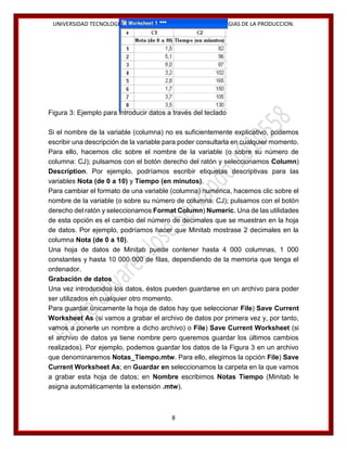UNIVERSIDAD TECNOLOGICA DE TORREON. INGENIERIA EN TECNOLOGIAS DE LA PRODUCCION.

Figura 3: Ejemplo para introducir datos a través del teclado
Si el nombre de la variable (columna) no es suficientemente explicativo, podemos
escribir una descripción de la variable para poder consultarla en cualquier momento.
Para ello, hacemos clic sobre el nombre de la variable (o sobre su número de
columna: CJ); pulsamos con el botón derecho del ratón y seleccionamos Column)
Description. Por ejemplo, podríamos escribir etiquetas descriptivas para las
variables Nota (de 0 a 10) y Tiempo (en minutos).
Para cambiar el formato de una variable (columna) numérica, hacemos clic sobre el
nombre de la variable (o sobre su número de columna: CJ); pulsamos con el botón
derecho del ratón y seleccionamos Format Column) Numeric. Una de las utilidades
de esta opción es el cambio del número de decimales que se muestran en la hoja
de datos. Por ejemplo, podríamos hacer que Minitab mostrase 2 decimales en la
columna Nota (de 0 a 10).
Una hoja de datos de Minitab puede contener hasta 4 000 columnas, 1 000
constantes y hasta 10 000 000 de filas, dependiendo de la memoria que tenga el
ordenador.
Grabación de datos
Una vez introducidos los datos, éstos pueden guardarse en un archivo para poder
ser utilizados en cualquier otro momento.
Para guardar únicamente la hoja de datos hay que seleccionar File) Save Current
Worksheet As (si vamos a grabar el archivo de datos por primera vez y, por tanto,
vamos a ponerle un nombre a dicho archivo) o File) Save Current Worksheet (si
el archivo de datos ya tiene nombre pero queremos guardar los últimos cambios
realizados). Por ejemplo, podemos guardar los datos de la Figura 3 en un archivo
que denominaremos Notas_Tiempo.mtw. Para ello, elegimos la opción File) Save
Current Worksheet As; en Guardar en seleccionamos la carpeta en la que vamos
a grabar esta hoja de datos; en Nombre escribimos Notas Tiempo (Minitab le
asigna automáticamente la extensión .mtw).

8

 