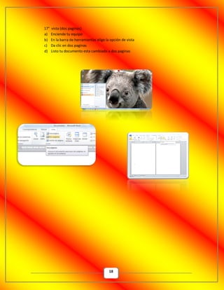 18
17° vista (dos paginas)
a) Enciende tu equipo
b) En la barra de herramientas elige la opción de vista
c) Da clic en dos paginas
d) Listo tu documento esta cambiado a dos paginas
 