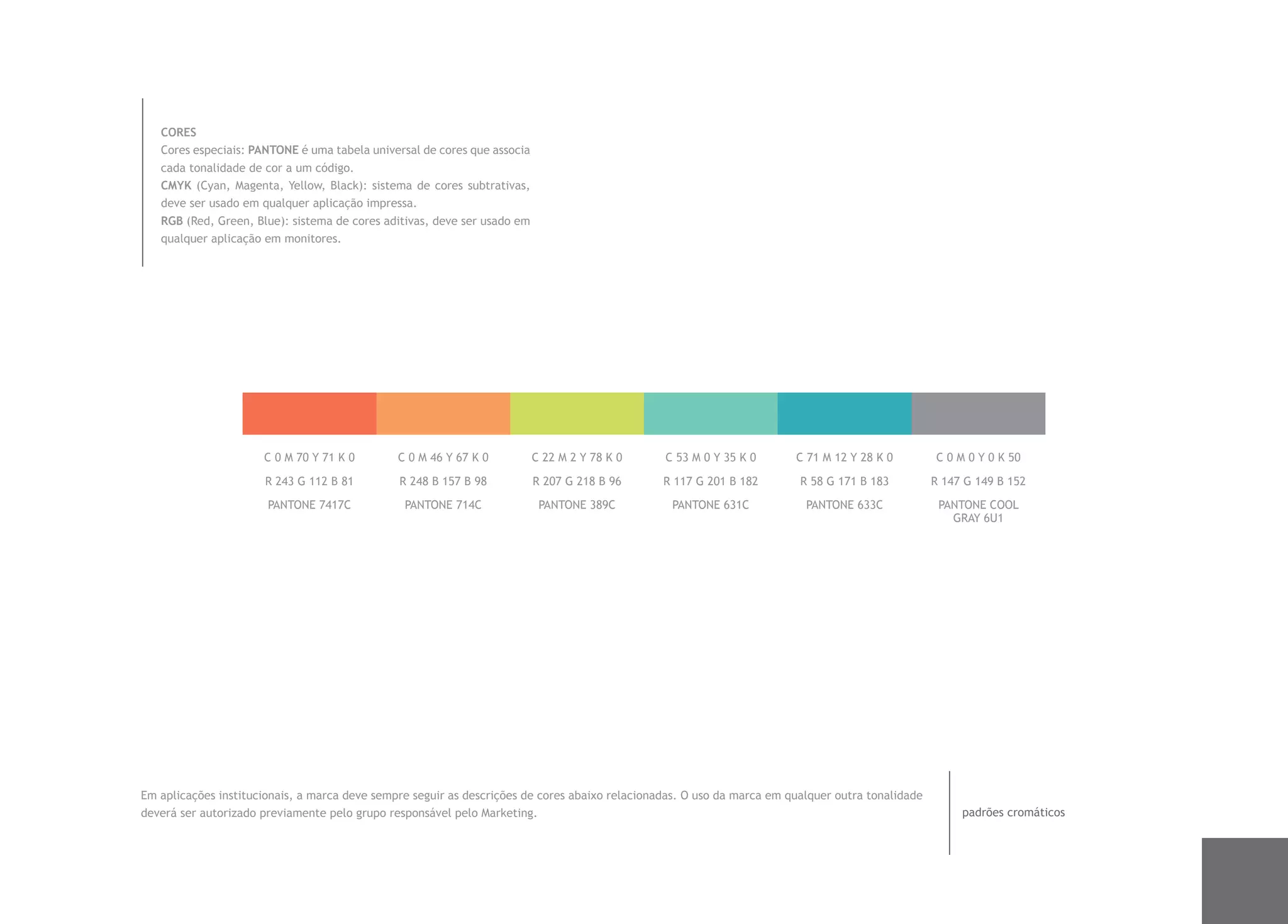 CORES
   Cores especiais: PANTONE é uma tabela universal de cores que associa
   cada tonalidade de cor a um código.
   CMYK (Cyan, Magenta, Yellow, Black): sistema de cores subtrativas,
   deve ser usado em qualquer aplicação impressa.
   RGB (Red, Green, Blue): sistema de cores aditivas, deve ser usado em
   qualquer aplicação em monitores.




                      C 0 M 70 Y 71 K 0        C 0 M 46 Y 67 K 0          C 22 M 2 Y 78 K 0     C 53 M 0 Y 35 K 0       C 71 M 12 Y 28 K 0         C 0 M 0 Y 0 K 50

                      R 243 G 112 B 81         R 248 B 157 B 98           R 207 G 218 B 96      R 117 G 201 B 182        R 58 G 171 B 183          R 147 G 149 B 152

                       PANTONE 7417C            PANTONE 714C               PANTONE 389C          PANTONE 631C             PANTONE 633C              PANTONE COOL
                                                                                                                                                      GRAY 6U1




Em aplicações institucionais, a marca deve sempre seguir as descrições de cores abaixo relacionadas. O uso da marca em qualquer outra tonalidade
deverá ser autorizado previamente pelo grupo responsável pelo Marketing.                                                                                padrões cromáticos
 