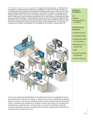 • PC
• Mixcraft
Parlantes de PC o
auriculares
MATERIALES RECO-
MENDADOS::
• Interfaces de audio
• Controladores MIDI
• Parlantes de monito-
reo o auriculares
• Microófonos, o mi-
crófonos USB
• Mixer
• Proyector y pantalla
de proyección
• Pizarrón interactivo
 