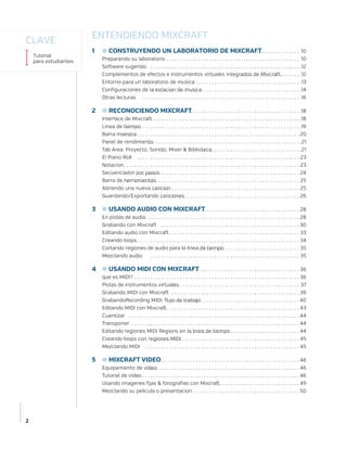 2
CLAVE
Tutorial
para estudiantes
ENTENDIENDO MIXCRAFT
1	 ●CONSTRUYENDO UN LABORATORIO DE MIXCRAFT. . . . . . . . . . . . . . . . . . . 10
Preparando su laboratorio. . . . . . . . . . . . . . . . . . . . . . . . . . . . . . . . . . . . . . . . . . . . . . . . . . . 10
Software sugerido. . . . . . . . . . . . . . . . . . . . . . . . . . . . . . . . . . . . . . . . . . . . . . . . . . . . . . . . . . 12
Complementos de efectos e instrumentos virtuales integrados de Mixcraft.. . . . . . . . . . . . . . . . . . . . . . . .12
Entorno para un laboratorio de musica. . . . . . . . . . . . . . . . . . . . . . . . . . . . . . . . . . . . . . . . . 13
Configuraciones de la estacion de musica. . . . . . . . . . . . . . . . . . . . . . . . . . . . . . . . . . . . . . . . . . . . . . . . . . . . . . . . 14
Otras lecturas . . . . . . . . . . . . . . . . . . . . . . . . . . . . . . . . . . . . . . . . . . . . . . . . . . . . . . . . . . . . 16
2	 ●RECONOCIENDO MIXCRAFT. . . . . . . . . . . . . . . . . . . . . . . . . . . . . . . . . . . . . . . . . . . . 18
Interface de Mixcraft. . . . . . . . . . . . . . . . . . . . . . . . . . . . . . . . . . . . . . . . . . . . . . . . . . . . . . . . . . 18
Linea de tiempo. . . . . . . . . . . . . . . . . . . . . . . . . . . . . . . . . . . . . . . . . . . . . . . . . . . . . . . . . . . . . . . . . . . 19
Barra maestra. . . . . . . . . . . . . . . . . . . . . . . . . . . . . . . . . . . . . . . . . . . . . . . . . . . . . . . . . . . . . . . .  20
Panel de rendimiento. . . . . . . . . . . . . . . . . . . . . . . . . . . . . . . . . . . . . . . . . . . . . . . . . . . . . . . . . . 21
Tab Area: Proyecto, Sonido, Mixer & Biblioteca. . . . . . . . . . . . . . . . . . . . . . . . . . . . . . . . . . . . . . 21
El Piano Roll . . . . . . . . . . . . . . . . . . . . . . . . . . . . . . . . . . . . . . . . . . . . . . . . . . . . . . . . . . . . . . 23
Notacion. . . . . . . . . . . . . . . . . . . . . . . . . . . . . . . . . . . . . . . . . . . . . . . . . . . . . . . . . . . . . . . . . . . 23
Secuenciador por pasos. . . . . . . . . . . . . . . . . . . . . . . . . . . . . . . . . . . . . . . . . . . . . . . . . . . . . . . . . . . . . 24
Barra de herramientas. . . . . . . . . . . . . . . . . . . . . . . . . . . . . . . . . . . . . . . . . . . . . . . . . . . . . . . . . . . . . . . . . . . . 25
Abriendo una nueva cancion. . . . . . . . . . . . . . . . . . . . . . . . . . . . . . . . . . . . . . . . . . . . . . . . . . . . . . . . 25
Guardando/Exportando canciones. . . . . . . . . . . . . . . . . . . . . . . . . . . . . . . . . . . . . . . . . . . . . . . . . . . . . 26
3	 ●USANDO AUDIO CON MIXCRAFT. . . . . . . . . . . . . . . . . . . . . . . . . . . . . . . . . . . . . . 28
En pistas de audio. . . . . . . . . . . . . . . . . . . . . . . . . . . . . . . . . . . . . . . . . . . . . . . . . . . . . . . . . . . . 28
Grabando con Mixcraft . . . . . . . . . . . . . . . . . . . . . . . . . . . . . . . . . . . . . . . . . . . . . . . . . . . .  30
Editando audio con Mixcraft. . . . . . . . . . . . . . . . . . . . . . . . . . . . . . . . . . . . . . . . . . . . . . . . . . 33
Creando loops. . . . . . . . . . . . . . . . . . . . . . . . . . . . . . . . . . . . . . . . . . . . . . . . . . . . . . . . . . . . . . 34
Cortando regiones de audio para la linea de tiempo. . . . . . . . . . . . . . . . . . . . . . . . . . . . . . . . . . . . . . . 35
Mezclando audio . . . . . . . . . . . . . . . . . . . . . . . . . . . . . . . . . . . . . . . . . . . . . . . . . . . . . . . . . 35
4	 ●USANDO MIDI CON MIXCRAFT. . . . . . . . . . . . . . . . . . . . . . . . . . . . . . . . . . . . . . . . 36
que es MIDI? . . . . . . . . . . . . . . . . . . . . . . . . . . . . . . . . . . . . . . . . . . . . . . . . . . . . . . . . . . . . . . 36
Pistas de instrumentos virtuales. . . . . . . . . . . . . . . . . . . . . . . . . . . . . . . . . . . . . . . . . . . . . . . . . 37
Grabando MIDI con Mixcraft . . . . . . . . . . . . . . . . . . . . . . . . . . . . . . . . . . . . . . . . . . . . . . . . . 39
GrabandoRecording MIDI: flujo de trabajo. . . . . . . . . . . . . . . . . . . . . . . . . . . . . . . . . . . . . . . . . . . . . . . .  40
Editando MIDI con Mixcraft. . . . . . . . . . . . . . . . . . . . . . . . . . . . . . . . . . . . . . . . . . . . . . . . . . . . 43
Cuantizar . . . . . . . . . . . . . . . . . . . . . . . . . . . . . . . . . . . . . . . . . . . . . . . . . . . . . . . . . . . . . . . .  44
Transponer . . . . . . . . . . . . . . . . . . . . . . . . . . . . . . . . . . . . . . . . . . . . . . . . . . . . . . . . . . . . . . .  44
Editando regiones MIDI Regions en la linea de tiempo. . . . . . . . . . . . . . . . . . . . . . . . . . . . . . . . . . . . . . . . .  44
Creando loops con regiones MIDI. . . . . . . . . . . . . . . . . . . . . . . . . . . . . . . . . . . . . . . . . . . . . . . . . . . . . . . 45
Mezclando MIDI . . . . . . . . . . . . . . . . . . . . . . . . . . . . . . . . . . . . . . . . . . . . . . . . . . . . . . . . . . . 45
5	 ●MIXCRAFT VIDEO. . . . . . . . . . . . . . . . . . . . . . . . . . . . . . . . . . . . . . . . . . . . . . . . . . . .  46
Equipamiento de video. . . . . . . . . . . . . . . . . . . . . . . . . . . . . . . . . . . . . . . . . . . . . . . . . . . . . . . . . .  46
Tutorial de video. . . . . . . . . . . . . . . . . . . . . . . . . . . . . . . . . . . . . . . . . . . . . . . . . . . . . . . . . . . . .  46
Usando imagenes fijas & fotografias con Mixcraft. . . . . . . . . . . . . . . . . . . . . . . . . . . . . . .  49
Mezclando su pelicula o presentacion. . . . . . . . . . . . . . . . . . . . . . . . . . . . . . . . . . . . . . . .  50
 