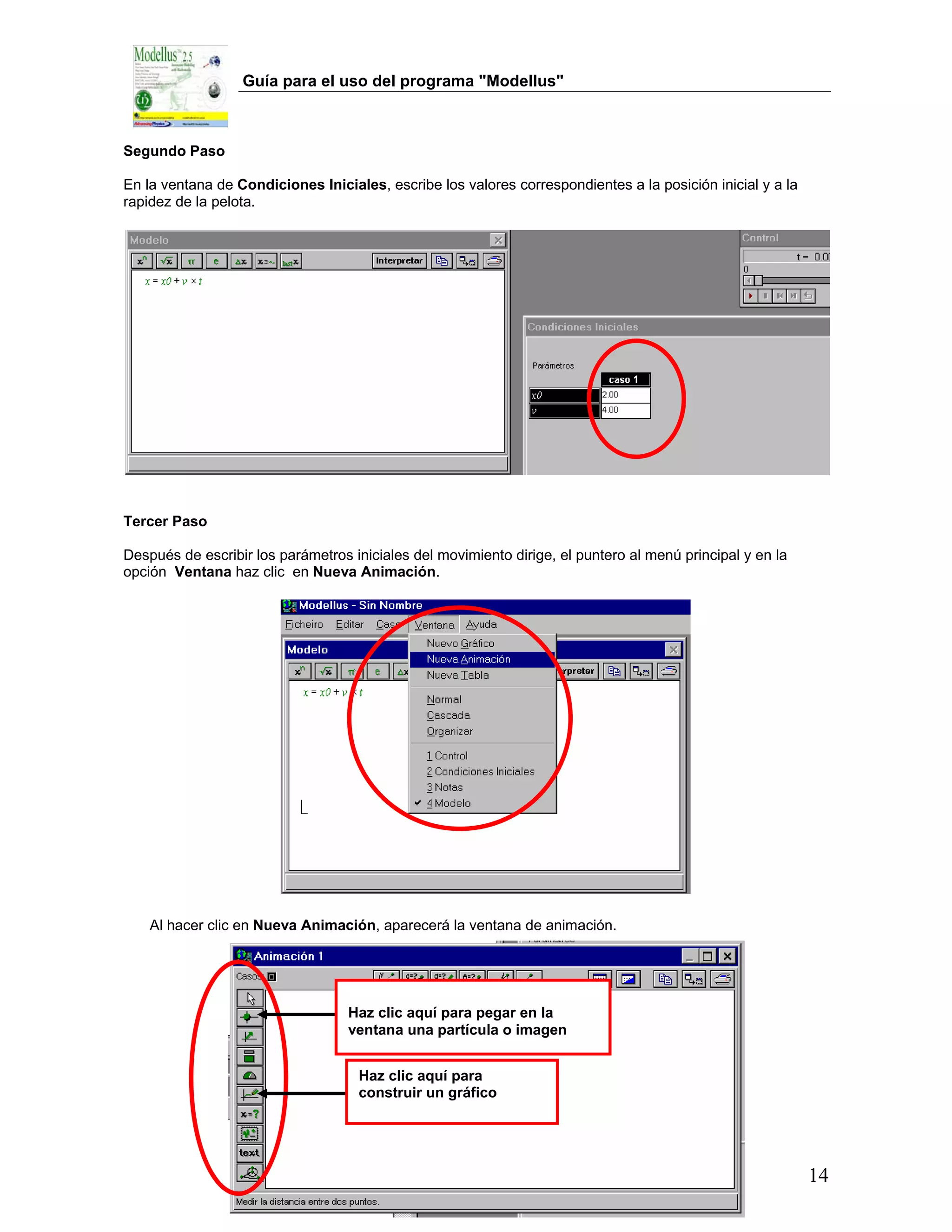 Guía para el uso del programa "Modellus"



Segundo Paso

En la ventana de Condiciones Iniciales, escribe los valores correspondientes a la posición inicial y a la
rapidez de la pelota.




Tercer Paso

Después de escribir los parámetros iniciales del movimiento dirige, el puntero al menú principal y en la
opción Ventana haz clic en Nueva Animación.




    Al hacer clic en Nueva Animación, aparecerá la ventana de animación.




                                   Haz clic aquí para pegar en la
                                   ventana una partícula o imagen


                                    Haz clic aquí para
                                    construir un gráfico




                                                                                                            14
 