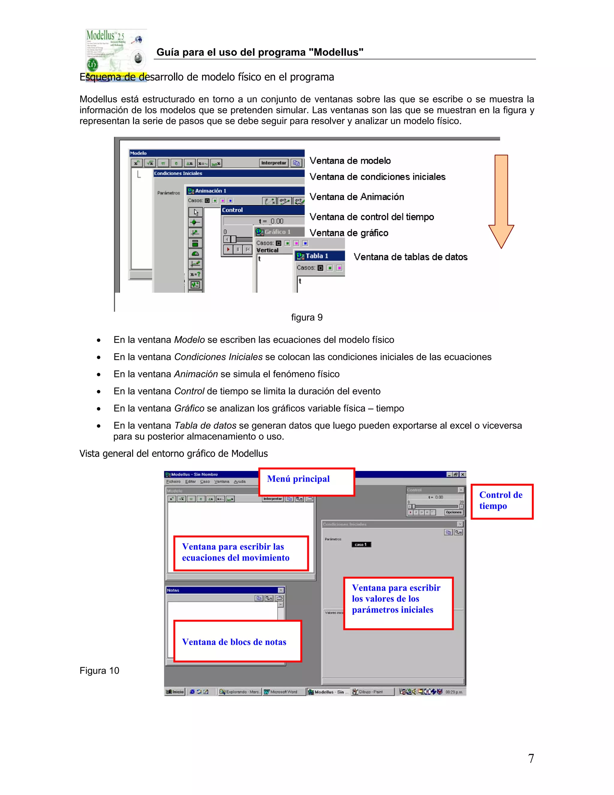 Guía para el uso del programa "Modellus"

Esquema de desarrollo de modelo físico en el programa

Modellus está estructurado en torno a un conjunto de ventanas sobre las que se escribe o se muestra la
información de los modelos que se pretenden simular. Las ventanas son las que se muestran en la figura y
representan la serie de pasos que se debe seguir para resolver y analizar un modelo físico.




                                                    figura 9

    •   En la ventana Modelo se escriben las ecuaciones del modelo físico
    •   En la ventana Condiciones Iniciales se colocan las condiciones iniciales de las ecuaciones
    •   En la ventana Animación se simula el fenómeno físico
    •   En la ventana Control de tiempo se limita la duración del evento
    •   En la ventana Gráfico se analizan los gráficos variable física – tiempo
    •   En la ventana Tabla de datos se generan datos que luego pueden exportarse al excel o viceversa
        para su posterior almacenamiento o uso.
Vista general del entorno gráfico de Modellus

                                             Menú principal
                                                                                               Control de
                                                                                               tiempo



                        Ventana para escribir las
                        ecuaciones del movimiento


                                                                  Ventana para escribir
                                                                  los valores de los
                                                                  parámetros iniciales


                        Ventana de blocs de notas


Figura 10




                                                                                                            7
 