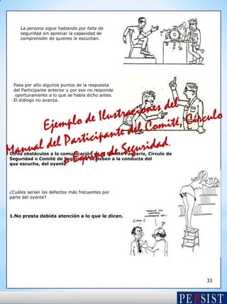 La persona sigue hablando por falta de
seguridad sin apreciar la capacidad de
comprensión de quienes le escuchan.

Pasa por alto algunos puntos de la respuesta
del Participante anterior y por eso no responde
oportunamente a lo que se había dicho antes.
El diálogo no avanza.

Otros obstáculos a la comunicación en el Comité Paritario, Círculo de
Seguridad o Comité de Seguridad se deben a la conducta del
que escucha, del oyente.

¿Cuáles serían los defectos más frecuentes por
parte del oyente?

1.No presta debida atención a lo que le dicen.

33

 