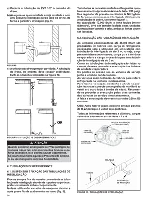 a) Conecte a tubulação de PVC 1/2” à conexão do           Teste todas as conexões soldadas e ﬂangeadas quan-
   dreno.                                                 to a vazamentos (pressão máxima de teste: 200 psig).
b) Assegure-se que a unidade esteja nivelada e com        Use regulador de pressão no cilindro de Nitrogênio.
   uma pequena inclinação para o lado do dreno, de        Se for conveniente passe a interligação elétrica junto
   forma a garantir a drenagem (ﬁg. 9).                   a tubulação de cobre, conforme ﬁgura 11.
                                                          Na capacidade 12.000 Btu/h, a linha líquido (menor
                                                          diâmetro), deve ser também isolada e nas unidades
                                                          que trabalham com frio e calor, ambas as linhas devem
                                                          ser isoladas.

                                                          6.2. EVACUAÇÃO DAS TUBULAÇÕES DE INTERLIGAÇÃO
                                                          As unidades condensadoras até 36.000 Btu/h são
                                                          produzidas em fábrica com carga de refrigerante
                                                          necessária para a utilização em um sistema com
                                                          tubulação de interligação de até 3 m, ou seja, carga
                                                          para a unidade condensadora, carga para a unidade
                                                          evaporadora e carga necessária para uma tubula-
                                                          ção de interligação de até 3 m.
                                                          Como as tubulações de interligação são feitas no
FIGURA 9
                                                          campo, deve-se proceder a evacuação das linhas e
c) A unidade usa drenagem por gravidade. A tubulação      da unidade evaporadora.
   do dreno, no entanto, deve possuir declividade.        Os pontos de acesso são as válvulas de serviço
   Evite as situações indicadas na ﬁgura 10.              junto a unidade condensadora.
                                                          As válvulas saem fechadas de fábrica para reter o
                                                          refrigerante na unidade condensadora.
                                                          Para fazer a evacuação, mantenha a válvula na posi-
                                                          ção fechada e conecte a mangueira do manifold ao
                                                          ventil e o outro lado à bomba de vácuo. Recomen-
                                                          da-se proceder a evacuação pelas duas conexões
                                                          das válvulas de serviço simultaneamente.
                                                          A faixa a ser atingida deve-se situar entre 250 e 500
                                                          mícrons.
                                                          OBS: Após fazer o vácuo, adicione pressão positiva
                                                          de R-22 para que o vácuo seja quebrado.
                                                          Todas as informações referentes a diâmetro, carga e
                                                          conexões encontram-se nos itens 17 e 18.

                                            OK



FIGURA 10 - SITUAÇÃO DE DRENAGEM INEFICAZ

                    !   ATENÇÃO
Quando conectar a mangueira de PVC ou Nipple da
máquina não o faça com movimentos bruscos e ou
força excessiva, isso poderá causar vazamentos.
Se julgar conveniente aqueça o PVC antes de conectá-
lo ou use mangueira com boa ﬂexibilidade.

6. TUBULAÇÕES DE REFRIGERANTE

6.1. SUSPENSÃO E FIXAÇÃO DAS TUBULAÇÕES DE
INTERLIGAÇÃO
Procure sempre ﬁxar de maneira conveniente as tubu-
lações de interligação através de suportes ou pórticos,
preferencialmente ambas conjuntamente.
Isole-as utilizando borracha de neoprene circular e
após passe ﬁta de acabamento em torno (ﬁg.11).            FIGURA 11 - TUBULAÇÕES DE INTERLIGAÇÃO
10
 