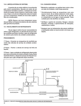 13.6. LIMPEZA INTERNA DO SISTEMA                           13.8. CUIDADOS GERAIS

        A queima de um motor elétrico é reconhecida        * Mantenha o gabinete e as grelhas bem como a área
pelo cheiro característico. Quando um motor de um            ao redor da unidade a mais limpa possível.
compressor hermético queima, a isolação do enrola-
mento do estator forma carbono e lama ácida, neste         * Periodicamente limpe as serpentinas com uma
caso, limpe o circuito do refrigerante antes de instalar     escova macia. Se as aletas estiverem muito sujas,
um novo compressor. Instale um novo tubo capilar e           utilize, no sentido inverso do ﬂuxo de ar, jato de
ﬁltro do condensador.                                        ar comprimido ou de água a baixa pressão. Tome
                                                             cuidado para não daniﬁcar as aletas.
       NOTA: Danos a um novo compressor causa-
dos por falhas na limpeza do sistema não são cobertos      * Veriﬁque o aperto de conexões, ﬂanges e demais
pela garantia do produto.                                    ﬁxações, evitando o aparecimento de vibrações,
                                                             vazamentos e ruídos.
13.7. RECOLHIMENTO DO REFRIGERANTE
                                                           * Assegure que os isolamentos das peças metálicas
         Se por algum motivo houver necessidade de           e tubulações estão no local correto e em boas con-
retirar o gás refrigerante, as válvulas de serviços des-     dições.
tas unidades permítem recolher o gás da refrigerante
do sistema para dentro da unidade condensadora.

PROCEDIMENTO

1O Passo - Conectar as mangueiras do manifold aos
ventís das válvulas de serviço da unidade conden-
sadora.

2O Passo - Fechar a válvula de serviço da linha de
líquido.

3O Passo - Ligar a unidade em refrigeração observando
para que as pressões do sistema atinjam 2 psig. Neste
momento fechar a válvula de serviço da linha de suc-
ção para que o gás refrigerante ﬁque recolhido.




FIGURA 19 - CIRCUITO ESQUEMÁTICO PARA REALIZAR VÁCUO E CARGA DE REFRIGERANTE.
30
 