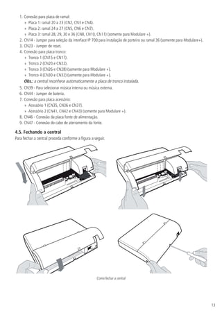 13
1.	Conexão para placa de ramal:
»» Placa 1: ramal 20 a 23 (CN2, CN3 e CN4).
»» Placa 2: ramal 24 a 27 (CN5, CN6 e CN7).
»» Placa 3: ramal 28, 29, 30 e 36 (CN8, CN10, CN11) (somente para Modulare +).
2.	CN14 - Jumper para seleção da interface IP 700 para instalação de porteiro ou ramal 36 (somente para Modulare+).
3.	CN23 - Jumper de reset.
4.	Conexão para placa tronco:
»» Tronco 1 (CN15 e CN17).
»» Tronco 2 (CN20 e CN22).
»» Tronco 3 (CN26 e CN28) (somente para Modulare +).
»» Tronco 4 (CN30 e CN32) (somente para Modulare +).
Obs.: a central reconhece automaticamente a placa de tronco instalada.
5.	CN39 - Para selecionar música interna ou música externa.
6.	CN44 - Jumper de bateria.
7.	Conexão para placa acessório:
»» ​Acessório 1 (CN35, CN36 e CN37).
»» Acessório 2 (CN41, CN42 e CN43) (somente para Modulare +).
8.	CN46 - Conexão da placa fonte de alimentação.
9.	CN47 - Conexão do cabo de aterramento da fonte.​
4.5.  Fechando a central
Para fechar a central proceda conforme a figura a seguir.
Como fechar a central
 
