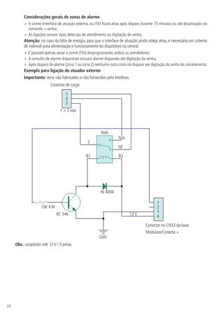 24
Considerações gerais de zonas de alarme
»» A sirene (interface de atuação externa, ou ITA) ficará ativa após disparo durante 15 minutos ou até desativação via
comando + senha;
»» As ligações cessam após detecção de atendimento ou digitação de senha;
Atenção: no caso da falta de energia, para que a interface de atuação ainda esteja ativa, é necessário um sistema
de nobreak para alimentação e funcionamento do dispositivo na central.
»» É possível apenas ativar a sirene (ITA) desprogramando ambos os atendedores;
»» A consulta de alarme disparando acusará alarme disparado até digitação da senha;
»» Após disparo do alarme (zona 1 ou zona 2) nenhuma outra zona irá disparar até digitação da senha de cancelamento.
Exemplo para ligação do atuador externo
Importante: itens não fabricados e não fornecidos pela Intelbras.
Conector de carga
1 × 3 vias
Relê
C
B1 B2
IN 4004
10K 4 W
BC 546
GND
12 V
Conectar no CN33 da base
Modulare/Conecta +
NF
N A
Obs.: acoplador relé 12 V / 5 pinos.
 