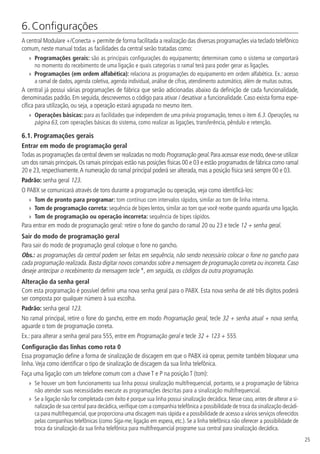 25
6. Configurações
A central Modulare +/Conecta + permite de forma facilitada a realização das diversas programações via teclado telefônico
comum, neste manual todas as facilidades da central serão tratadas como:
»» Programações gerais: são as principais configurações do equipamento; determinam como o sistema se comportará
no momento do recebimento de uma ligação e quais categorias o ramal terá para poder gerar as ligações.
»» Programações (em ordem alfabética): relaciona as programações do equipamento em ordem alfabética. Ex.: acesso
a ramal de dados, agenda coletiva, agenda individual, análise de cifras, atendimento automático, além de muitas outras.
A central já possui várias programações de fábrica que serão adicionadas abaixo da definição de cada funcionalidade,
denominadas padrão. Em seguida, descrevemos o código para ativar / desativar a funcionalidade. Caso exista forma espe-
cífica para utilização, ou seja, a operação estará agrupada no mesmo item.
»» Operações básicas: para as facilidades que independem de uma prévia programação, temos o item 6.3. Operações, na
página 63, com operações básicas do sistema, como realizar as ligações, transferência, pêndulo e retenção.
6.1.  Programações gerais
Entrar em modo de programação geral
Todas as programações da central devem ser realizadas no modo Programação geral.Para acessar esse modo,deve-se utilizar
um dos ramais principais.Os ramais principais estão nas posições físicas 00 e 03 e estão programados de fábrica como ramal
20 e 23, respectivamente.A numeração do ramal principal poderá ser alterada, mas a posição física será sempre 00 e 03.
Padrão: senha geral 123.
O PABX se comunicará através de tons durante a programação ou operação, veja como identificá-los:
»» Tom de pronto para programar: tom contínuo com intervalos rápidos, similar ao tom de linha interna.
»» Tom de programação correta: sequência de bipes lentos, similar ao tom que você recebe quando aguarda uma ligação.
»» Tom de programação ou operação incorreta: sequência de bipes rápidos.
Para entrar em modo de programação geral: retire o fone do gancho do ramal 20 ou 23 e tecle 12 + senha geral.
Sair do modo de programação geral
Para sair do modo de programação geral coloque o fone no gancho.
Obs.: as programações da central podem ser feitas em sequência, não sendo necessário colocar o fone no gancho para
cada programação realizada.Basta digitar novos comandos sobre a mensagem de programação correta ou incorreta.Caso
deseje antecipar o recebimento da mensagem tecle *, em seguida, os códigos da outra programação.
Alteração da senha geral
Com esta programação é possível definir uma nova senha geral para o PABX. Esta nova senha de até três dígitos poderá
ser composta por qualquer número à sua escolha.
Padrão: senha geral 123.
No ramal principal, retire o fone do gancho, entre em modo Programação geral, tecle 32 + senha atual + nova senha,
aguarde o tom de programação correta.
Ex.: para alterar a senha geral para 555, entre em Programação geral e tecle 32 + 123 + 555.
Configuração das linhas como rota 0
Essa programação define a forma de sinalização de discagem em que o PABX irá operar, permite também bloquear uma
linha.Veja como identificar o tipo de sinalização de discagem da sua linha telefônica.
Faça uma ligação com um telefone comum com a chave T e P na posição T (tom):
»» Se houver um bom funcionamento sua linha possui sinalização multifrequencial, portanto, se a programação de fábrica
não atender suas necessidades execute as programações descritas para a sinalização multifrequencial.
»» Se a ligação não for completada com êxito é porque sua linha possui sinalização decádica. Nesse caso, antes de alterar a si-
nalização de sua central para decádica,verifique com a companhia telefônica a possibilidade de troca da sinalização decádi-
ca para multifrequencial,que proporciona uma discagem mais rápida e a possibilidade de acesso a vários serviços oferecidos
pelas companhias telefônicas (como Siga-me, ligação em espera, etc.). Se a linha telefônica não oferecer a possibilidade de
troca da sinalização da sua linha telefônica para multifrequencial programe sua central para sinalização decádica.
 