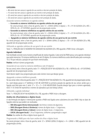 30
CATEGORIA
»» 0: ramal não tem acesso à agenda de uso restrito e não tem proteção de dados.
»» 1: ramal não tem acesso à agenda de uso restrito e tem proteção de dados.
»» 2: ramal tem acesso à agenda de uso restrito e não tem proteção de dados.
»» 3: ramal tem acesso à agenda de uso restrito e tem proteção de dados.
Gravando números telefônicos na agenda coletiva
»» Gravando os números telefônicos na agenda coletiva de uso geral
No ramal principal, retire o fone do gancho, tecle 12 + SENHA GERAL (3 dígitos) + 70 + Nº DA AGENDA (20 a 99) +
ROTA (0 a 4) + Nº EXTERNO, aguarde tom de programação correta.
»» Gravando os números telefônicos na agenda coletiva de uso restrito
No ramal principal, retire o fone do gancho, tecle 12 + SENHA GERAL (3 dígitos) + 71 + Nº DA AGENDA (20 a 99) +
ROTA (0 a 4) + Nº EXTERNO, aguarde tom de programação correta.
»» Apagando os números telefônicos da agenda coletiva de uso geral ou de uso restrito
No ramal principal, retire o fone do gancho, tecle 12 + SENHA GERAL (3 dígitos) + 70 + Nº DA AGENDA (20 a 99),
aguarde tom de programação correta.
Utilizando as agendas coletivas de uso geral e de uso restrito
Tecle 7 + POSIÇÃO QUE O NÚMERO FOI GRAVADO NA AGENDA (20 a 99) aguarde o PABX iniciar a discagem.
Agenda individual
Esta facilidade consiste numa maneira simplificada de realizar ligações.Cada ramal do PABX possui uma agenda individual
que pode memorizar 10 números telefônicos de até 20 dígitos.Os números telefônicos serão identificados pela numeração
10 a 19 que indicará a posição em que foram memorizados.
Padrão: nenhum número programado.
Gravando em seu ramal os números telefônicos (até 20 dígitos)
No seu ramal, retire o fone do gancho, tecle 17 + POSIÇÃO DO Nº NAAGENDA (10 a 19) + ROTA (0 a 4) + Nº EXTERNO,
aguarde tom de programação correta.
Você deverá repetir essa programação para cada número novo que desejar gravar.
Apagando o número telefônico gravado
No seu ramal,retire o fone do gancho,tecle 17 + POSIÇÃO DO Nº NAAGENDA (10 a 19),aguarde tom de programação correta.
Ex.: você deseja gravar o nº telefônico 0 XX 48 32819500 na primeira posição da agenda do seu ramal, sendo que a
ligação será feita pela rota 2, tecle 17 + 10 + 2 + 0 XX 4832819500. Quando desejar ligar para o número agendado,
tecle 7+10. Onde XX representa o número da operadora que você deseja utilizar.
Utilizando a agenda individual
Tecle 7 + POSIÇÃO DO Nº NA AGENDA (10 a 19), aguarde o PABX iniciar a discagem.
Análise de cifras/números e dígitos locais
A não-limitação de dígitos é interessante quando o PABX está ligado como subsistema de outro PABX. Veja os tipos de
ligações externas que podem ser analisadas:
»» DDI (Discagem Direta Internacional): não limita o número de algarismos.
»» DDD (Discagem Direta à Distância): número de dígitos locais + 5 algarismos.
»» DDC (Discagem Direta a Cobrar): número de dígitos locais + 6 algarismos.
»» LOCAL (discagem local): 7, 8 ou 9 algarismos, conforme a programação a seguir:
Padrão: faz análise de cifras e dígitos locais igual a 9.
Programando o PABX para não fazer análise de cifras e dígitos locais
No ramal principal, retire o fone do gancho, tecle 12 + SENHA GERAL (3 dígitos) + 4 + LINHA + 908, aguarde tom de
programação correta.
 