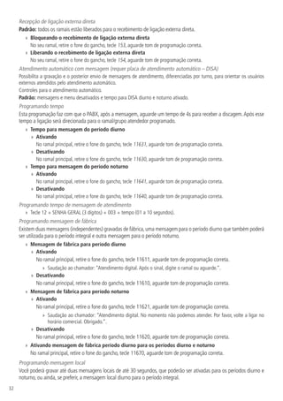 32
Recepção de ligação externa direta
Padrão: todos os ramais estão liberados para o recebimento de ligação externa direta.
»» Bloqueando o recebimento de ligação externa direta
No seu ramal, retire o fone do gancho, tecle 153, aguarde tom de programação correta.
»» Liberando o recebimento de ligação externa direta
No seu ramal, retire o fone do gancho, tecle 154, aguarde tom de programação correta.
Atendimento automático com mensagem (requer placa de atendimento automático – DISA)
Possibilita a gravação e o posterior envio de mensagens de atendimento, diferenciadas por turno, para orientar os usuários
externos atendidos pelo atendimento automático.
Controles para o atendimento automático.
Padrão: mensagens e menu desativados e tempo para DISA diurno e noturno ativado.
Programando tempo
Esta programação faz com que o PABX, após a mensagem, aguarde um tempo de 4s para receber a discagem.Após esse
tempo a ligação será direcionada para o ramal/grupo atendedor programado.
»» Tempo para mensagem do período diurno
»» Ativando
No ramal principal, retire o fone do gancho, tecle 11631, aguarde tom de programação correta.
»» Desativando
No ramal principal, retire o fone do gancho, tecle 11630, aguarde tom de programação correta.
»» Tempo para mensagem do período noturno
»» Ativando
No ramal principal, retire o fone do gancho, tecle 11641, aguarde tom de programação correta.
»» Desativando
No ramal principal, retire o fone do gancho, tecle 11640, aguarde tom de programação correta.
Programando tempo de mensagem de atendimento
»» Tecle 12 + SENHA GERAL (3 dígitos) + 003 + tempo (01 a 10 segundos).
Programando mensagem de fábrica
Existem duas mensagens (independentes) gravadas de fábrica,uma mensagem para o período diurno que também poderá
ser utilizada para o período integral e outra mensagem para o período noturno.
»» Mensagem de fábrica para período diurno
»» Ativando
No ramal principal, retire o fone do gancho, tecle 11611, aguarde tom de programação correta.
»» Saudação ao chamador: “Atendimento digital.Após o sinal, digite o ramal ou aguarde.”.
»» Desativando
No ramal principal, retire o fone do gancho, tecle 11610, aguarde tom de programação correta.
»» Mensagem de fábrica para período noturno
»» Ativando
No ramal principal, retire o fone do gancho, tecle 11621, aguarde tom de programação correta.
»» Saudação ao chamador: “Atendimento digital. No momento não podemos atender. Por favor, volte a ligar no
horário comercial. Obrigado.”.
»» Desativando
No ramal principal, retire o fone do gancho, tecle 11620, aguarde tom de programação correta.
»» Ativando mensagem de fábrica período diurno para os períodos diurno e noturno
No ramal principal, retire o fone do gancho, tecle 11670, aguarde tom de programação correta.
Programando mensagem local
Você poderá gravar até duas mensagens locais de até 30 segundos, que poderão ser ativadas para os períodos diurno e
noturno, ou ainda, se preferir, a mensagem local diurno para o período integral.
 
