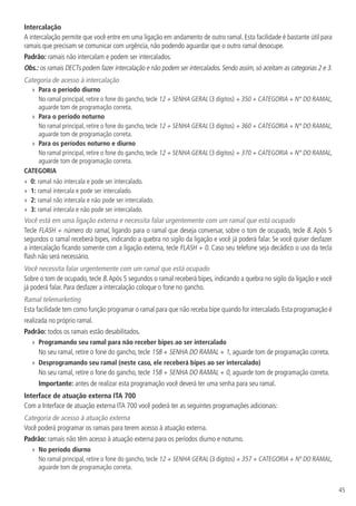 45
Intercalação
A intercalação permite que você entre em uma ligação em andamento de outro ramal. Esta facilidade é bastante útil para
ramais que precisam se comunicar com urgência, não podendo aguardar que o outro ramal desocupe.
Padrão: ramais não intercalam e podem ser intercalados.
Obs.: os ramais DECTs podem fazer intercalação e não podem ser intercalados. Sendo assim, só aceitam as categorias 2 e 3.
Categoria de acesso à intercalação
»» Para o período diurno
No ramal principal, retire o fone do gancho, tecle 12 + SENHA GERAL (3 dígitos) + 350 + CATEGORIA + N° DO RAMAL,
aguarde tom de programação correta.
»» Para o período noturno
No ramal principal, retire o fone do gancho, tecle 12 + SENHA GERAL (3 dígitos) + 360 + CATEGORIA + N° DO RAMAL,
aguarde tom de programação correta.
»» Para os períodos noturno e diurno
No ramal principal, retire o fone do gancho, tecle 12 + SENHA GERAL (3 dígitos) + 370 + CATEGORIA + N° DO RAMAL,
aguarde tom de programação correta.
CATEGORIA
»» 0: ramal não intercala e pode ser intercalado.
»» 1: ramal intercala e pode ser intercalado.
»» 2: ramal não intercala e não pode ser intercalado.
»» 3: ramal intercala e não pode ser intercalado.
Você está em uma ligação externa e necessita falar urgentemente com um ramal que está ocupado
Tecle FLASH + número do ramal, ligando para o ramal que deseja conversar, sobre o tom de ocupado, tecle 8. Após 5
segundos o ramal receberá bipes, indicando a quebra no sigilo da ligação e você já poderá falar. Se você quiser desfazer
a intercalação ficando somente com a ligação externa, tecle FLASH + 0. Caso seu telefone seja decádico o uso da tecla
flash não será necessário.
Você necessita falar urgentemente com um ramal que está ocupado
Sobre o tom de ocupado, tecle 8.Após 5 segundos o ramal receberá bipes, indicando a quebra no sigilo da ligação e você
já poderá falar. Para desfazer a intercalação coloque o fone no gancho.
Ramal telemarketing
Esta facilidade tem como função programar o ramal para que não receba bipe quando for intercalado. Esta programação é
realizada no próprio ramal.
Padrão: todos os ramais estão desabilitados.
»» Programando seu ramal para não receber bipes ao ser intercalado
No seu ramal, retire o fone do gancho, tecle 158 + SENHA DO RAMAL + 1, aguarde tom de programação correta.
»» Desprogramando seu ramal (neste caso, ele receberá bipes ao ser intercalado)
No seu ramal, retire o fone do gancho, tecle 158 + SENHA DO RAMAL + 0, aguarde tom de programação correta.
Importante: antes de realizar esta programação você deverá ter uma senha para seu ramal.
Interface de atuação externa ITA 700
Com a Interface de atuação externa ITA 700 você poderá ter as seguintes programações adicionais:
Categoria de acesso à atuação externa
Você poderá programar os ramais para terem acesso à atuação externa.
Padrão: ramais não têm acesso à atuação externa para os períodos diurno e noturno.
»» No período diurno
No ramal principal, retire o fone do gancho, tecle 12 + SENHA GERAL (3 dígitos) + 357 + CATEGORIA + Nº DO RAMAL,
aguarde tom de programação correta.
 
