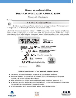 Finanzas personales saludables
Módulo 4. LA IMPORTANCIA DE PLANEAR TU RETIRO
Manual y guía del participante
Nombre_____________________________________________________________________________
El sistema de pensiones en México realmente no es muy prometedor. México se encuentra
en el lugar núm. 15 en el ranking de sistema de pensiones en el mundo.
Actualmente el mexicano solo ahorra entre el 4 y el 6.5% de su sueldo, cuando en países como Hungría,
ahorran el 35%, es de los países de América latina donde menos se ahorra para el retiro. Del 6.5% que
ahorra eltrabajador, 5.15% es otorgado por elpatrón, 1.125% por eltrabajador y 0.225% por el gobierno.
El IMSS en realidad nunca ha sido redituable por estas razones:
 Los cálculos en que se fundamentó el cobro de las cuotas fueron aritméticos.
 En ningún momento se consideraron las variables básicas para determinar la viabilidad
financiera del sistema (cambios demográficos).
 Todo el dinero que se cobraba tenía un fondo en común (pensiones, hospitales, etc.)
 El beneficio se otorgó también a la familia del trabajador sin importar el numero de integrantes
(en esa época las familias eran de 7 hijos en promedio).
 El cobro de cuotas jamás ha contemplado la edad, únicamente el salario.
1. El sistema de pensiones en México
 