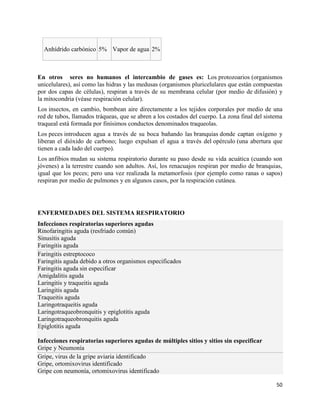 Anhídrido carbónico 5% Vapor de agua 2%



En otros seres no humanos el intercambio de gases es: Los protozoarios (organismos
unicelulares), así como las hidras y las medusas (organismos pluricelulares que están compuestas
por dos capas de células), respiran a través de su membrana celular (por medio de difusión) y
la mitocondria (véase respiración celular).
Los insectos, en cambio, bombean aire directamente a los tejidos corporales por medio de una
red de tubos, llamados tráqueas, que se abren a los costados del cuerpo. La zona final del sistema
traqueal está formada por finísimos conductos denominados traqueolas.
Los peces introducen agua a través de su boca bañando las branquias donde captan oxígeno y
liberan el dióxido de carbono; luego expulsan el agua a través del opérculo (una abertura que
tienen a cada lado del cuerpo).
Los anfibios mudan su sistema respiratorio durante su paso desde su vida acuática (cuando son
jóvenes) a la terrestre cuando son adultos. Así, los renacuajos respiran por medio de branquias,
igual que los peces; pero una vez realizada la metamorfosis (por ejemplo como ranas o sapos)
respiran por medio de pulmones y en algunos casos, por la respiración cutánea.




ENFERMEDADES DEL SISTEMA RESPIRATORIO
Infecciones respiratorias superiores agudas
Rinofaringitis aguda (resfriado común)
Sinusitis aguda
Faringitis aguda
Faringitis estreptococo
Faringitis aguda debido a otros organismos especificados
Faringitis aguda sin especificar
Amigdalitis aguda
Laringitis y traqueitis aguda
Laringitis aguda
Traqueitis aguda
Laringotraqueitis aguda
Laringotraqueobronquitis y epiglotitis aguda
Laringotraqueobronquitis aguda
Epiglotitis aguda

Infecciones respiratorias superiores agudas de múltiples sitios y sitios sin especificar
Gripe y Neumonía
Gripe, virus de la gripe aviaria identificado
Gripe, ortomixovirus identificado
Gripe con neumonía, ortomixovirus identificado

                                                                                               50
 