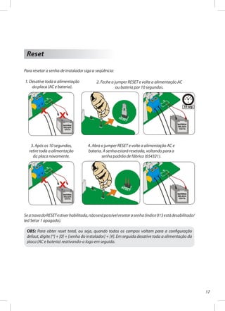 17
Reset
Para resetar a senha de instalador siga a seqüência:
1. Desative toda a alimentação
da placa (AC e bateria).
2. Feche o jumper RESET e volte a alimentação AC
ou bateria por 10 segundos.
3. Após os 10 segundos,
retire toda a alimentação
da placa novamente.
4. Abra o jumper RESET e volte a alimentação AC e
bateria. A senha estará resetada, voltando para a
senha padrão de fábrica (654321).
SeatravadoRESETestiverhabilitada,nãoserápossívelresetarasenha(índice015estádesabilitado/
led Setor 1 apagado).
OBS: Para obter reset total, ou seja, quando todos os campos voltam para a configuração
defaut, digite [*] + [0] + [senha do instalador] + [#]. Em seguida desative toda a alimentação da
placa (AC e bateria) reativando-a logo em seguida.
 