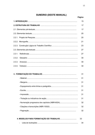 13



                                           SUMÁRIO (DESTE MANUAL)
                                                                                                                             Página

1. INTRODUÇÃO......................................................................................................               15

2. ESTRUTURA DO TRABALHO ..........................................................................                               17

2.1. Elementos pré-textuais.....................................................................................                  17

2.2. Elementos textuais.............................................................................................              20

2.2.1. Projeto de Pesquisa.......................................................................................                 20

2.2.2. Monografia......................................................................................................           21

2.2.3. Construção Lógica do Trabalho Científico .....................................................                             23

2.3. Elementos pós-textuais ......................................................................................                27

2.3.1. Referências ...................................................................................................            27

2.3.2. Glossário .......................................................................................................          30

2.3.3. Anexo(s) .......................................................................................................           30

2.3.4. Índice(s) ........................................................................................................         30



3. FORMATAÇÃO DO TRABALHO......................................................................                                   31

          - Material ........................................................................................................     31

          - Margens........................................................................................................       31

          - Espaçamento entre linhas e parágrafos.......................................................                          31

          - Escrita...........................................................................................................    31

          - Impressão.....................................................................................................        31

          - Titulação ou indicativos de seção.................................................................                    31

          - Numeração progressiva dos capítulos (NBR-6024).....................................                                   32

          - Citações e transcrições (NBR-10520) .........................................................                         32

          - Paginação.................................................................................................            32



      4. MODELOS PARA FORMATAÇÃO DO TRABALHO..................................                                                   33

          -     Lista de ilustrações ...................................................................................          34
 