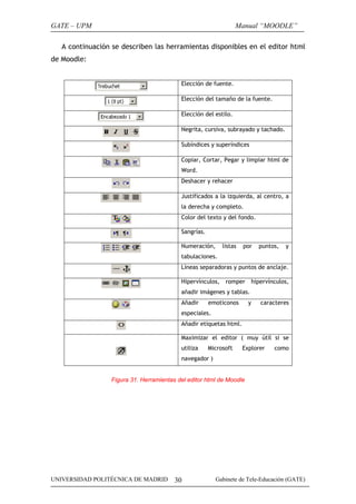 GATE – UPM

Manual “MOODLE”

A continuación se describen las herramientas disponibles en el editor html
de Moodle:
Elección de fuente.
Elección del tamaño de la fuente.
Elección del estilo.
Negrita, cursiva, subrayado y tachado.
Subíndices y superíndices
Copiar, Cortar, Pegar y limpiar html de
Word.
Deshacer y rehacer
Justificados a la izquierda, al centro, a
la derecha y completo.
Color del texto y del fondo.
Sangrías.
Numeración,

listas

por

puntos,

y

tabulaciones.
Líneas separadoras y puntos de anclaje.
Hipervínculos,

romper

hipervínculos,

añadir imágenes y tablas.
Añadir

emoticonos

y

caracteres

especiales.
Añadir etiquetas html.
Maximizar el editor ( muy útil si se
utiliza

Microsoft

Explorer

como

navegador )

Figura 31. Herramientas del editor html de Moodle

UNIVERSIDAD POLITÉCNICA DE MADRID

30

Gabinete de Tele-Educación (GATE)

 