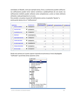 AUTOR: JHOVANNY LUIS BERAÚN RAMOS 166
actividades en Moodle, como por ejemplo tareas, foros y cuestionarios pueden calificarse.
Las calificaciones pueden tener valores numéricos o palabras/frases de una escala. Las
calificaciones también pueden utilizarse como competencias y como un texto arbitrario
atribuido a cada participante en un curso.
Para acceder a visualizar el panel de Calificaciones vamos a la pestaña “Ajustes” y
continuación damos clic en “Calificaciones”.
Desde esta ventana en la parte superior izquierda encontramos el menú desplegable
“Calificador” que brinda ciertas opciones como:
 