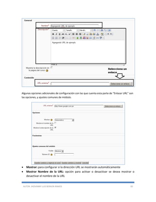 AUTOR: JHOVANNY LUIS BERAÚN RAMOS 83
Algunas opciones adicionales de configuración con las que cuenta esta parte de “Enlazar URL” son
las opciones, y ajustes comunes de módulo.
 Mostrar: para configurar si la dirección URL se mostrarán automáticamente
 Mostrar Nombre de la URL: opción para activar o desactivar se desea mostrar o
desactivar el nombre de la URL
 