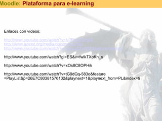 Enlaces con vídeos:   http://www.youtube.com/watch?v=N3RbqGGHjk0 http://www.adelat.org/media/docum/moodle/ http://www.youtube.com/watch?v=vgqLah3yW8E&feature=related   http://www.youtube.com/watch?gl=ES&v=fwlkTXoKh_s   http://www.youtube.com/watch?v=xOs8C8OPHik   http://www.youtube.com/watch?v=tG9dQq-583o&feature =PlayList&p=26E7C80381576102&playnext=1&playnext_from=PL&index=9      Moodle:  Plataforma para e-learning 