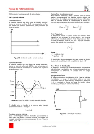 Manual de Motores Elétricos 
Corrente contínua 
A corrente gerada por uma fonte de tensão contínua, 
chama-se corrente contínua (C.C) e se caracteriza por fluir 
em apenas um sentido, determinado pela polaridade da 
fonte de tensão 
Kcel Motores e Fios Ltda. 
1.4 Conceitos básicos da rede de alimentação 
1.4.1 Corrente elétrica 
11 
Figura 1.7 – Gráfico da tensão e corrente contínua 
Corrente alternada 
A corrente gerada por uma fonte de tensão alternada, 
chama-se corrente alternada (C.A) e se caracteriza por 
mudanças contínuas no sentido da corrente com o passar 
do tempo (figura 1.8). 
Figura 1.8 – Gráfico da tensão e corrente alternada no tempo 
A relação entre a tensão e a corrente para cargas 
puramente resistivas é dada por: 
V  R  I 
Tensão e corrente máxima 
Esse é um termo para sistemas alternados que caracteriza o 
maior valor da tensão e corrente durante todo trajeto de 
variação (ciclo), também chamado de valor de pico (Vmax) e 
(Imax), figura 1.8. 
Valor eficaz (tensão e corrente) 
Nos sistemas alternados, tanto a corrente como a tensão 
variam constantemente. Os valores obtidos através de 
instrumentos de medição, como amperímetros e voltímetros, 
são os valores eficazes e correspondem a tensão ou 
corrente alternada capaz de produzir potência, e é dado por: 
V 
V 
eficaz 
max  
2 
I 
I 
eficaz 
max 
 
2 
1.4.2 Frequência 
A freqüência indica o quanto oscila um sistema. Para 
freqüência de oscilação de onda elétrica, em corrente 
alternada, a unidade é dada em Hertz (Hz), isso quer dizer 
que se um sistema é de 60 Hz, em 1 segundo oscila 60 
vezes. Sua relação com o período é: 
f 
T 
 
1 
Onde: 
f = freqüência (Hz) 
T = período (s) 
O período é o tempo necessário para que a onda de tensão 
ou corrente complete um ciclo completo, ver figura 1.8. 
1.4.3 A rede de distribuição 
A geração e a distribuição da energia elétrica normalmente 
são trifásicas, e as ligações aos consumidores poderão ser 
monofásicas ou trifásicas, de acordo com sua carga 
instalada. 
Ligação monofásica 
É para consumidores de pequeno porte. Para as ligações 
monofásicas a carga é alimentada através de dois 
condutores elétricos (fase - neutro), ver figura 1.9. Na figura 
1.10, é mostrado a forma de onda da tensão (carga 
resistiva) a partir de um sistema monofásico 
Figura 1.9 – Alimentação monofásica 
 