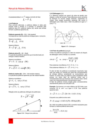 Manual de Motores Elétricos 
P cos  ou 
 
30 0,78  
Kcel Motores e Fios Ltda. 
A corrente de linha IL é 3 vezes a corrente de fase 
13 
I I L F  3  
1.4.4 Potência 
Para corrente alternada, a potência elétrica é dada pelo 
produto entre a tensão e a corrente. É composta pela 
potência ativa (P), potência reativa (Q), sendo que ambas 
formam a potência aparente (S). 
Potência aparente (S) – [VA - Volt ampère] 
Corresponde ao total da potência entregue para o consumo. 
Sistema monofásico 
V I (VA) F F S   
Sistema trifásico 
3 V I (VA) L L S    
Potência ativa (P) – [W - Watt] 
É a parcela da potência aparente que é transformada em 
energia e realiza trabalho. 
Sistema monofásico 
   cos (W) P VF IF 
Sistema trifásico 
 3   cos (W) P VL IL 
Potência reativa (Q) – [VAr - Volt ampère reativo] 
É a parcela da potência aparente que não realiza trabalho 
Sistema monofásico 
  sen  (VAr) F F Q V I 
Sistema trifásico 
 3   sen  (VAr) L L Q V I 
Relação entre as potências (triângulo de potências) 
S  P  Q 2 2 
Figura 1.16 - Triângulo das potências 
1.4.5 Defasagem ( ) 
É a diferença (ângulo em graus) da onda de tensão com 
relação a onda de corrente. Essa diferença ocorre somente 
se tivermos no circuito cargas indutivas, capacitivas ou 
mistas. Para cargas puramente resistivas não ocorre a 
defasagem pois neste caso o fator de potência é igual a 1 
(cos = 1). 
Figura 1.17 – Defasagem 
1.4.6 Fator de potência (cos ) 
O fator de potência (cos ) é o valor do cosseno do ângulo 
de defasagem entre a tensão e a corrente. 
S 
P kW 
 
( ) 1000 
V I 
  
 
K 
cos 
Para sistemas monofásicos: K=1; V= VF ; I = IF 
Para sistemas trifásicos: K = 3 ; V= VL; I = IL 
O valor do fator de potência é considerado importante, haja 
visto que existe um controle por parte das concessionárias 
de energia elétrica, penalizando os consumidores que 
tiverem um baixo fator de potência. Essa penalidade existe 
porque um baixo fator de potência indica que a 
concessionária terá que fornecer uma corrente maior, tendo 
custo com dimensionamento e fornecimento maior. 
O fator de potência mínimo exigido pelas concessionárias 
recentemente passou de 0,85 para 0,92. 
Exemplo: Se tivermos um motor trifásico de 220 Volts e que 
consome 30 A, com cos igual a 0,78. Sua potência 
aparente será: 
S  3 VL  IL  3 22030 11431 (VA) 
Enquanto sua potência ativa será: 
P  S cos 114310,78 8916,6 (W) 
Se o fator de potência fosse 0,92 a corrente necessária para 
fornecer a mesma potência ativa seria: 
25,4 (A) 
0,92 
I  
 