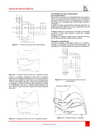 Manual de Motores Elétricos 
Kcel Motores e Fios Ltda. 
18 
Figura 2.7 – Circuito de força para chave estrela triângulo 
Figura 2.8 – Conjugado resistente menor que o conjugado de partida 
Quando o conjugado resistente é maior que o conjugado 
desenvolvido na ligação estrela (figura 2.9), o motor acelera a 
carga até uma rotação N, menor que a nominal. Neste ponto 
muda-se para ligação triângulo, elevando-se repentinamente 
o conjugado e a corrente a valores altos referentes à rotação 
N, inviabilizando neste caso o método Estrela-Triângulo. Ou 
seja, existem casos onde este sistema de partida não pode 
ser usado. 
Figura 2.9 – Conjugado resistente maior que o conjugado de partida 
2.6.3 Partida com chave compensadora 
(auto-transformador) 
Este método de partida usa autotransformador para reduzir a 
tensão e a corrente durante a partida do motor, usualmente, 
sob carga. Evitando-se assim uma sobrecarga no circuito e 
permitindo que o conjugado seja suficiente para a partida e 
aceleração. 
A tensão na chave compensadora é reduzida através de um 
autotransformador trifásico que possui, geralmente, taps de 
50, 65 e 80% da tensão nominal. 
1o Passo: Define-se o primeiro tap, em função do conjugado 
resistente. O motor deve acelerar a carga até a rotação 
nominal ou menor. 
2o Passo: Em qualquer destes casos o segundo tap deve 
ser de 100% da tensão nominal (tensão de linha). 
Conjugado característicos: 
As curvas conjugado x velocidade da figura 2.11, mostram a 
variação do conjugado de partida (em porcentagem do 
conjugado com rotor bloqueado) em função do tap escolhido. 
Figura 2.10 – Circuito de força para partida com chave 
compensadora 
Figura 2.11 – Conjugado (tensão) x velocidade 
 