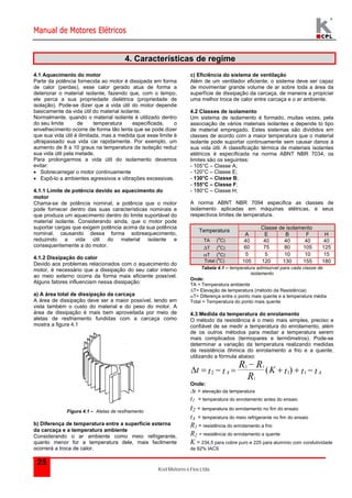 Manual de Motores Elétricos 
Kcel Motores e Fios Ltda. 
25 
4. Características de regime 
4.1 Aquecimento do motor 
Parte da potência fornecida ao motor é dissipada em forma 
de calor (perdas), esse calor gerado atua de forma a 
deteriorar o material isolante, fazendo que, com o tempo, 
ele perca a sua propriedade dielétrica (propriedade de 
isolação). Pode-se dizer que a vida útil do motor depende 
basicamente da vida útil do material isolante. 
Normalmente, quando o material isolante é utilizado dentro 
do seu limite de temperatura especificada, o 
envelhecimento ocorre de forma tão lenta que se pode dizer 
que sua vida útil é ilimitada, mas a medida que esse limite é 
ultrapassado sua vida cai rapidamente. Por exemplo, um 
aumento de 8 a 10 graus na temperatura da isolação reduz 
sua vida útil pela metade. 
Para prolongarmos a vida útil do isolamento devemos 
evitar: 
 Sobrecarregar o motor continuamente 
 Expô-lo a ambientes agressivos e vibrações excessivas. 
4.1.1 Limite de potência devido ao aquecimento do 
motor 
Chama-se de potência nominal, a potência que o motor 
pode fornecer dentro das suas características nominais e 
que produza um aquecimento dentro do limite suportável do 
material isolante. Considerando ainda, que o motor pode 
suportar cargas que exigem potência acima da sua potência 
nominal, causando dessa forma sobreaquecimento, 
reduzindo a vida útil do material isolante e 
consequentemente a do motor. 
4.1.2 Dissipação do calor 
Devido aos problemas relacionados com o aquecimento do 
motor, é necessário que a dissipação do seu calor interno 
ao meio externo ocorra da forma mais eficiente possível. 
Alguns fatores influenciam nessa dissipação: 
a) A área total de dissipação da carcaça 
A área de dissipação deve ser a maior possível, tendo em 
vista também o custo do material e do peso do motor. A 
área de dissipação é mais bem aproveitada por meio de 
aletas de resfriamento fundidas com a carcaça como 
mostra a figura 4.1 
Figura 4.1 – Aletas de resfriamento 
b) Diferença de temperatura entre a superfície externa 
da carcaça e a temperatura ambiente 
Considerando o ar ambiente como meio refrigerante, 
quanto menor for a temperatura dele, mais facilmente 
ocorrerá a troca de calor. 
c) Eficiência do sistema de ventilação 
Além de um ventilador eficiente, o sistema deve ser capaz 
de movimentar grande volume de ar sobre toda a área da 
superfície de dissipação da carcaça, de maneira a propiciar 
uma melhor troca de calor entre carcaça e o ar ambiente. 
4.2 Classes de isolamento 
Um sistema de isolamento é formado, muitas vezes, pela 
associação de vários materiais isolantes e depende to tipo 
de material empregado. Estes sistemas são divididos em 
classes de acordo com a maior temperatura que o material 
isolante pode suportar continuamente sem causar danos à 
sua vida útil. A classificação térmica de materiais isolantes 
elétricos é especificada na norma ABNT NBR 7034, os 
limites são os seguintes: 
- 105°C – Classe A; 
- 120°C – Classe E; 
- 130°C – Classe B; 
- 155°C – Classe F; 
- 180°C – Classe H; 
A norma ABNT NBR 7094 especifica as classes de 
isolamento aplicadas em máquinas elétricas, e seus 
respectivos limites de temperatura. 
Temperatura Classe de isolamento 
A E B F H 
TA (oC) 40 40 40 40 40 
T (oC) 60 75 80 105 125 
T (oC) 5 5 10 10 15 
Total (oC) 105 120 130 155 180 
Tabela 4.1 – temperatura admissível para cada classe de 
isolamento 
Onde: 
TA = Temperatura ambiente 
T= Elevação de temperatura (método da Resistência) 
T= Diferença entre o ponto mais quente e a temperatura média 
Total = Temperatura do ponto mais quente 
4.3 Medida da temperatura do enrolamento 
O método da resistência é o meio mais simples, preciso e 
confiável de se medir a temperatura do enrolamento, além 
de os outros métodos para mediar a temperatura serem 
mais complicados (termopares e termômetros). Pode-se 
determinar a variação da temperatura realizando medidas 
da resistência ôhmica do enrolamento a frio e a quente, 
utilizando a fórmula abaixo: 
 
t t t A K t t t A 
R R 
R 
   2 1 
   
2 1 1 
1 
( ) 
Onde: 
t = elevação da temperatura 
t1 = temperatura do enrolamento antes do ensaio 
t2 = temperatura do enrolamento no fim do ensaio 
tA = temperatura do meio refrigerante no fim do ensaio 
R1 = resistência do enrolamento a frio 
R2 = resistência do enrolamento a quente 
K = 234,5 para cobre puro e 225 para alumínio com condutividade 
de 62% IACS 
 