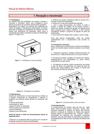 Manual de Motores Elétricos 
7. Recepção e manutenção 
Kcel Motores e Fios Ltda. 
50 
7.1 Embalagens 
Os motores Kcel são embalados de maneira a facilitar o 
manuseio e transporte, assim como protegê-los contra 
danos que possam ser causados durante estas operações. 
Dependendo do modelo, os motores são embalados em 
caixas de papelão e identificados externamente ou fixados 
pelos pés ou flanges em engradados de madeira com livre 
acesso aos dispositivos de suspensão, assim como a 
visualização dos dados constantes na placa de identificação 
(figura 7.1 e figura 7.2). 
Figura 7.1 – Embalagens em caixa de papelão 
Figura 7.2 – Embalagens em engradado 
7.2 Recebimento 
Quando do recebimento do motor Kcel deve-se verificar se 
o produto corresponde ao especificado, e observar a 
existência de eventuais danos devidos ao transporte, tais 
como: 
 mancais danificados; 
 penetração de água; 
 peças trincadas ou quebradas; 
 falta de peças e/ou acessórios; 
 pintura danificada; 
 flange ou eixo danificados. 
Antes de colocar o motor em funcionamento checar os 
seguintes itens: 
 Observar se as ligações estão de acordo com o esquema 
de ligação impresso na placa de identificação; 
 Verificar se a tensão e freqüência estão de acordo com o 
indicado na placa de identificação; 
 Verificar se o motor está devidamente aterrado; 
 Com a carga desconectada, dar partida no motor e 
verificar o sentido de rotação. Se for preciso inverter o 
sentido de rotação, trocando de posição (na ligação) duas 
fases quaisquer para motores trifásicos, e para motores 
monofásicos verificar o esquema de ligação na placa de 
identificação; 
 Com o sentido de rotação certo, acoplar o motor à carga. 
Caso haja alguma irregularidade, entrar em contato 
imediatamente com o representante mais próximo ou 
fábrica. 
7.3 Transporte e manuseio 
Para o recebimento e transporte dos motores para depósito, 
devem ser tomados alguns cuidados especiais, os principais 
são: 
 Transportar pequenas unidades preferencialmente em 
carrinhos com rodas de câmara de ar e em piso uniforme; 
 Acondicionar grandes unidades em estrados de madeira, 
transportando-os com empilhadeira ou ponte rolante, 
suspendendo-os pelos olhais; 
 Ao deslocar os motores, fazê-lo suavemente, pois existe 
o risco de danos nos rolamentos ou quebra de caixa de 
bornes, pés, tampa defletora, etc. A figura 7.3 ilustra uma 
das maneiras corretas de transporte. 
Figura 7.3 – Acondicionamento correto de motores 
7.4 Armazenamento 
O armazenamento de motores deve ser feito em lugar 
fresco, isento de gases, fungos, corrosivos, carvão, óleo, 
partículas abrasivas e excesso de poeira. Não deve-se 
permitir a presença de roedores ou insetos que possam 
danificar peças ou componentes dos motores. Evitar a 
proximidade de máquinas que provoquem excessivas 
vibrações, pois isto pode afetar os rolamentos dos motores. 
O armazenamento deve ser feito na posição de trabalho dos 
motores. 
 