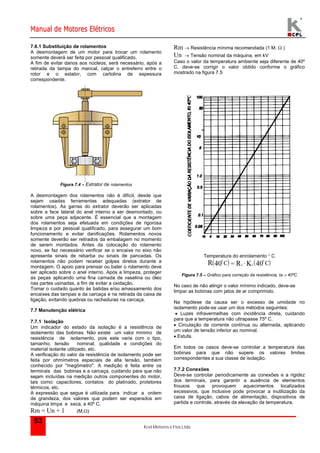 Manual de Motores Elétricos 
7.6.1 Substituição de rolamentos 
A desmontagem de um motor para trocar um rolamento 
somente deverá ser feita por pessoal qualificado. 
A fim de evitar danos aos núcleos, será necessário, após a 
retirada da tampa do mancal, calçar o entreferro entre o 
rotor e o estator, com cartolina de espessura 
correspondente. 
Kcel Motores e Fios Ltda. 
53 
Figura 7.4 – Extrator de rolamentos 
A desmontagem dos rolamentos não é difícil, desde que 
sejam usadas ferramentas adequadas (extrator de 
rolamentos). As garras do extrator deverão ser aplicadas 
sobre a face lateral do anel interno a ser desmontado, ou 
sobre uma peça adjacente. É essencial que a montagem 
dos rolamentos seja efetuada em condições de rigorosa 
limpeza e por pessoal qualificado, para assegurar um bom 
funcionamento e evitar danificações. Rolamentos novos 
somente deverão ser retirados da embalagem no momento 
de serem montados. Antes da colocação do rolamento 
novo, se faz necessário verificar se o encaixe no eixo não 
apresenta sinais de rebarba ou sinais de pancadas. Os 
rolamentos não podem receber golpes diretos durante a 
montagem. O apoio para prensar ou bater o rolamento deve 
ser aplicado sobre o anel interno. Após a limpeza, proteger 
as peças aplicando uma fina camada de vaselina ou óleo 
nas partes usinadas, a fim de evitar a oxidação. 
Tomar o cuidado quanto às batidas e/ou amassamento dos 
encaixes das tampas e da carcaça e na retirada da caixa de 
ligação, evitando quebras ou rachaduras na carcaça. 
7.7 Manutenção elétrica 
7.7.1 Isolação 
Um indicador do estado da isolação é a resistência de 
isolamento das bobinas. Não existe um valor mínimo de 
resistência de isolamento, pois este varia com o tipo, 
tamanho, tensão nominal, qualidade e condições do 
material isolante utilizado, etc. 
A verificação do valor da resistência de isolamento pode ser 
feita por ohmímetros especiais de alta tensão, também 
conhecido por "megômetro". A medição é feita entre os 
terminais das bobinas e a carcaça, cuidando para que não 
sejam incluídas na medição outros componentes do motor, 
tais como: capacitores, contatos do platinado, protetores 
térmicos, etc. 
A expressão que segue é utilizada para indicar a ordem 
de grandeza, dos valores que podem ser esperados em 
máquina limpa e seca, a 40º C. 
Rm = Un + 1 (M.) 
Rm  Resistência mínima recomendada (1 M.  ) 
Un  Tensão nominal da máquina, em kV 
Caso o valor da temperatura ambiente seja diferente de 40º 
C, deve-se corrigir o valor obtido conforme o gráfico 
mostrado na figura 7.5 
Temperatura do enrolamento  C 
R40 0 
C   R  K  40 
0 C  T T Figura 7.5 – Gráfico para correção da resistência, ta  40ºC 
No caso de não atingir o valor mínimo indicado, deve-se 
limpar as bobinas com jatos de ar comprimido. 
Na hipótese da causa ser o excesso de umidade no 
isolamento pode-se usar um dos métodos seguintes: 
 Luzes infravermelhas com incidência direta, cuidando 
para que a temperatura não ultrapasse 75º C. 
 Circulação de corrente contínua ou alternada, aplicando 
um valor de tensão inferior ao nominal. 
 Estufa. 
Em todos os casos deve-se controlar a temperatura das 
bobinas para que não supere os valores limites 
correspondentes a sua classe de isolação. 
7.7.2 Conexões 
Deve-se controlar periodicamente as conexões e a rigidez 
dos terminais, para garantir a ausência de elementos 
frouxos que provoquem aquecimentos localizados 
excessivos, que inclusive pode provocar a inutilização da 
caixa de ligação, cabos de alimentação, dispositivos de 
partida e controle, através da elevação da temperatura. 
 