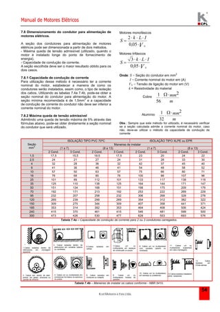 Manual de Motores Elétricos 
Kcel Motores e Fios Ltda. 
54 
7.8 Dimensionamento do condutor para alimentação de 
motores elétricos. 
A seção dos condutores para alimentação de motores 
elétricos pode ser dimensionada a partir de dois métodos. 
- Máxima queda de tensão admissível (utilizado, quando o 
motor é instalado longe do ponto de fornecimento de 
energia). 
- Capacidade de condução de corrente. 
A seção escolhida deve ser o maior resultado obtido para os 
dois casos. 
7.8.1 Capacidade de condução de corrente 
Para utilização desse método é necessário ter a corrente 
nominal do motor, estabelecer a maneira de como os 
condutores serão instalados, assim como, o tipo de isolação 
dos cabos. Utilizando as tabelas 7.4a 7.4b, pode-se obter a 
seção nominal do condutor para alimentação do motor. A 
seção mínima recomendada é de 1,5mm2 e a capacidade 
de condução de corrente do condutor não deve ser inferior a 
corrente nominal do motor. 
7.8.2 Máxima queda de tensão admissível 
Admitindo uma queda de tensão máxima de 5% através das 
fórmulas abaixo, pode-se obter diretamente a seção nominal 
do condutor que será utilizado. 
Motores monofásicos 
k L I 
S 
N V 
 
   
 
2 
0,05 
Motores trifásicos 
S 
k L I 
N V 
 
   
 
3 
0,05 
Onde: S = Seção do condutor em mm2 
I = Corrente nominal do motor em (A) 
VN = Tensão de ligação do motor em (V) 
k = Resistividade do material 
Cobre 1 
56 
2 
 
mm 
m 
Alumínio 1 
32 
2 
 
mm 
m 
Obs.: Sempre que este método for utilizado, é necessário verificar 
se a seção calculada admite a corrente nominal do motor, caso 
não, deve-se utilizar o método da capacidade de condução de 
corrente 
ISOLAÇÃO TIPO PVC 70ºC ISOLAÇÃO TIPO XLPE ou EPR 
Maneiras de instalar 
(1 a 7) (8 a 13) (1 a 7) (8 a 13) 
Seção 
mm2 
2 Cond. 3 Cond. 2 Cond. 3 Cond. 2 Cond. 3 Cond. 2 Cond. 3 Cond. 
1,5 17,5 15,5 19,5 17,5 23 20 24 22 
2,5 24 21 27 24 31 28 33 30 
4 32 28 36 32 42 37 45 40 
6 41 36 46 41 54 48 58 52 
10 57 50 63 57 75 66 80 71 
16 76 68 85 76 100 88 107 96 
25 101 89 112 101 133 117 138 119 
35 125 110 138 125 164 144 171 147 
50 151 134 168 151 198 175 209 179 
70 192 171 213 192 253 222 269 229 
95 232 207 258 232 306 268 328 278 
120 269 239 299 269 354 312 382 322 
150 309 275 344 309 407 358 441 371 
185 353 314 392 353 464 408 506 424 
240 415 370 461 415 546 481 599 500 
300 473 426 530 477 628 553 693 576 
Tabela 7.4a – Capacidade de condução de corrente para 2 ou 3 condutores carregados. 
1.Cabos isolados dentro de 
eletrodutos em montagem 
aparente 
3. Cabos isolados dentro de 
eletrodutos em canaleta (aberta 
ou ventilada) 
5.Cabos isolados em 
calhas 
7.Cabos uni ou 
multipolares em espaços 
de construção ou poços 
9. Cabos uni ou multipolares 
com canaleta (aberto ou 
ventilada) 
11. Cabos uni ou 
multipolares suspensos 
em cabo mensageiro 
2. Cabos isol. dentro de eletr. 
embut. em gesso, alvenaria ou 
parede de cimento 
4. Cabos uni ou multipolares em 
condutores formados na estrutura 
do prédio 
6. Cabos isolados em 
molduras ou rodapés 
8. Cabos uni ou 
multipolares fixados às 
paredes 
10. Cabos uni ou multipolares 
em bandeja ou prateleiras 
12.Cabos isolados instalados 
sobre isoladores 
13. Cabos 
isolados em 
linhas aéreas 
Tabela 7.4b – Maneiras de instalar os cabos conforme - NBR 5410. 
 