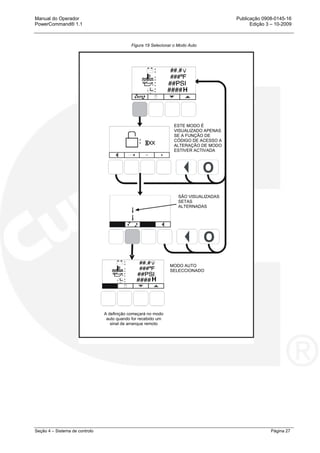 Manual do Operador Publicação 0908-0145-16
PowerCommand® 1.1 Edição 3 – 10-2009
Seção 4 – Sistema de controlo Página 27
Figura 19 Selecionar o Modo Auto
H
ESTE MODO É
VISUALIZADO APENAS
SE A FUNÇÃO DE
CÓDIGO DE ACESSO A
ALTERAÇÃO DE MODO
ESTIVER ACTIVADA
SÃO VISUALIZADAS
SETAS
ALTERNADAS
H
MODO AUTO
SELECCIONADO
A definição começará no modo
auto quando for recebido um
sinal de arranque remoto
 