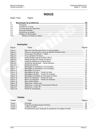 Manual do Operador Publicação 0908-0145-16
PowerCommand® 1.1 Edição 3 – 10-2009
Índice Página iii
ÍNDICE
Seção Título Página
7. Resolução de problemas ..................................................................................... 55
7.1 Introdução .....................................................................................................................................55
7.2 Unidade de controle......................................................................................................................55
7.3 Considerações de segurança .......................................................................................................56
7.4 Detecção de falhas .......................................................................................................................57
7.5 Indicadores de estado...................................................................................................................58
7.6 Códigos de falha/estado ...............................................................................................................59
7.6.1 Falhas de entrada do cliente ..................................................................................................69
Ilustrações
Figura Título Página
Figura 1 Placa de especificações típica do grupo gerador .............................................................3
Figura 2 Placa de especificações do grupo gerador blindado típica ..............................................3
Figura 3 Carenagem SilentPower™ típica......................................................................................5
Figura 4 Grupo gerador C50 típico..................................................................................................6
Figura 5 Componentes Típicos do Motor (B3.3).............................................................................7
Figura 6 Painel dianteiro do módulo de alarme ..............................................................................9
Figura 7 Painel de sistema de comando típico .............................................................................11
Figura 8 Módulo de visualização – Painel dianteiro......................................................................14
Figura 9 Botões de controle ..........................................................................................................18
Figura 10 Mensagem A estabelecer comunicações .......................................................................19
Figura 11 Mensagem A restabelecer comunicações......................................................................19
Figura 12 Mensagem do Evento .....................................................................................................20
Figura 13 Mensagens de falha – Versão de texto ..........................................................................20
Figura 14 Mensagens de falha – Versão de símbolos....................................................................20
Figura 15 Mensagem de Estado de Gravação de Dados...............................................................21
Figura 16 Menus do Operador – Versão de Texto..........................................................................23
Figura 17 Menus do Operador – Versão de Símbolos....................................................................24
Figura 18 Menu Alterar Modo..........................................................................................................25
Figura 19 Selecionar o Modo Auto..................................................................................................27
Figura 20 Selecionar o modo de Funcionamento Manual ..............................................................29
Figura 21 Selecionar o modo Off ....................................................................................................30
Figura 22 Painel de visualização.....................................................................................................58
Tabelas
Tabela Título Página
Tabela 1 Símbolos .........................................................................................................................15
Tabela 2 Programa de Manutenção Periódica ..............................................................................45
Tabela 3 Códigos de falha .............................................................................................................60
Tabela 4 Procedimentos para resolução de problemas de códigos de falha................................70
 