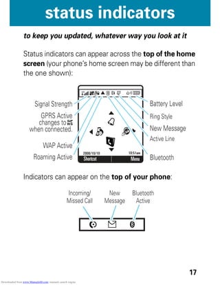17
status indicators
status indicators
to keep you updated, whatever way you look at it
Status indicators can appear across the top of the home
screen (your phone’s home screen may be different than
the one shown):
Indicators can appear on the top of your phone:
Active Line
Bluetooth
New Message
Ring Style
Battery Level
Roaming Active
WAP Active
GPRS Active
changes to
when connected.
Signal Strength
Menu
Shortcut
2008/10/10 10:51am
&
&
&
&
] &
™
Bluetooth
Active
New
Message
Incoming/
Missed Call
Downloaded from www.Manualslib.com manuals search engine
 