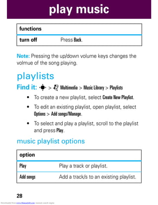 28
play music
Note: Pressing the up/down volume keys changes the
volmue of the song playing.
playlists
Find it: s > j Multimedia > Music Library > Playlists
• To create a new playlist, select Create New Playlist.
• To edit an existing playlist, open playlist, select
Options > Add songs/Manage.
• To select and play a playlist, scroll to the playlist
and press Play.
music playlist options
turn off Press Back.
option
Play Play a track or playlist.
Add songs Add a track/s to an existing playlist.
functions
Downloaded from www.Manualslib.com manuals search engine
 