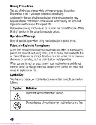 46
Driving Precautions
The use of wireless phones while driving may cause distraction.
Discontinue a call if you can’t concentrate on driving.
Additionally, the use of wireless devices and their accessories may
be prohibited or restricted in certain areas. Always obey the laws and
regulations on the use of these products.
Responsible driving practices can be found in the “Smart Practices While
Driving” section in this guide (or separate guide).
Operational Warnings
Obey all posted signs when using mobile devices in public areas.
Potentially Explosive Atmospheres
Areas with potentially explosive atmospheres are often, but not always,
posted and can include fueling areas, such as below decks on boats, fuel
or chemical transfer or storage facilities, or areas where the air contains
chemicals or particles, such as grain dust, or metal powders.
When you are in such an area, turn off your mobile device, and do not
remove, install, or charge batteries. In such areas, sparks can occur and
cause an explosion or fire.
Symbol Key
Your battery, charger, or mobile device may contain symbols, defined as
follows:
Symbol Definition
Important safety information follows.
Do not dispose of your battery or mobile device in a fire.
032374o
032376o
Downloaded from www.Manualslib.com manuals search engine
 