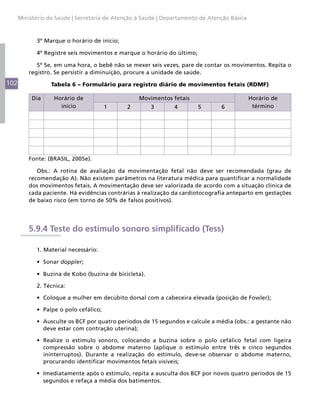 102
Ministério da Saúde | Secretaria de Atenção à Saúde | Departamento de Atenção Básica
3º Marque o horário de início;
4º Registre seis movimentos e marque o horário do último;
5º Se, em uma hora, o bebê não se mexer seis vezes, pare de contar os movimentos. Repita o
registro. Se persistir a diminuição, procure a unidade de saúde.
Tabela 6 – Formulário para registro diário de movimentos fetais (RDMF)
Dia Horário de
início
Movimentos fetais Horário de
término1 2 3 4 5 6
Fonte: (BRASIL, 2005e).
Obs.: A rotina de avaliação da movimentação fetal não deve ser recomendada (grau de
recomendação A). Não existem parâmetros na literatura médica para quantificar a normalidade
dos movimentos fetais. A movimentação deve ser valorizada de acordo com a situação clínica de
cada paciente. Há evidências contrárias à realização da cardiotocografia anteparto em gestações
de baixo risco (em torno de 50% de falsos positivos).
5.9.4 Teste do estímulo sonoro simplificado (Tess)
1. Material necessário:
•	 Sonar doppler;
•	 Buzina de Kobo (buzina de bicicleta).
2. Técnica:
•	 Coloque a mulher em decúbito dorsal com a cabeceira elevada (posição de Fowler);
•	 Palpe o polo cefálico;
•	 Ausculte os BCF por quatro períodos de 15 segundos e calcule a média (obs.: a gestante não
deve estar com contração uterina);
•	 Realize o estímulo sonoro, colocando a buzina sobre o polo cefálico fetal com ligeira
compressão sobre o abdome materno (aplique o estímulo entre três e cinco segundos
ininterruptos). Durante a realização do estímulo, deve-se observar o abdome materno,
procurando identificar movimentos fetais visíveis;
•	 Imediatamente após o estímulo, repita a ausculta dos BCF por novos quatro períodos de 15
segundos e refaça a média dos batimentos.
 