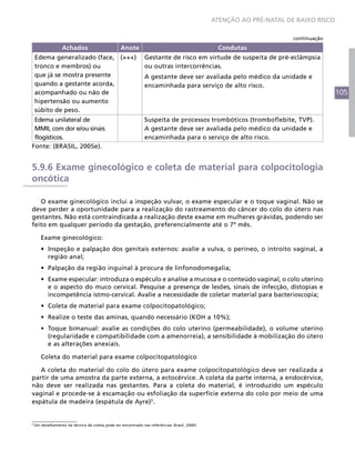 105
ATENÇÃO AO PRÉ-NATAL DE BAIXO RISCO
Achados Anote Condutas
Edema generalizado (face,
tronco e membros) ou
que já se mostra presente
quando a gestante acorda,
acompanhado ou não de
hipertensão ou aumento
súbito de peso.
(+++) Gestante de risco em virtude de suspeita de pré-eclâmpsia
ou outras intercorrências.
A gestante deve ser avaliada pelo médico da unidade e
encaminhada para serviço de alto risco.
Edema unilateral de
MMII, com dor e/ou sinais
flogísticos.
Suspeita de processos trombóticos (tromboflebite, TVP).
A gestante deve ser avaliada pelo médico da unidade e
encaminhada para o serviço de alto risco.
Fonte: (BRASIL, 2005e).
5.9.6 Exame ginecológico e coleta de material para colpocitologia
oncótica
O exame ginecológico inclui a inspeção vulvar, o exame especular e o toque vaginal. Não se
deve perder a oportunidade para a realização do rastreamento do câncer do colo do útero nas
gestantes. Não está contraindicada a realização deste exame em mulheres grávidas, podendo ser
feito em qualquer período da gestação, preferencialmente até o 7º mês.
Exame ginecológico:
•	 Inspeção e palpação dos genitais externos: avalie a vulva, o períneo, o introito vaginal, a
região anal;
•	 Palpação da região inguinal à procura de linfonodomegalia;
•	 Exame especular: introduza o espéculo e analise a mucosa e o conteúdo vaginal, o colo uterino
e o aspecto do muco cervical. Pesquise a presença de lesões, sinais de infecção, distopias e
incompetência istmo-cervical. Avalie a necessidade de coletar material para bacterioscopia;
•	 Coleta de material para exame colpocitopatológico;
•	 Realize o teste das aminas, quando necessário (KOH a 10%);
•	 Toque bimanual: avalie as condições do colo uterino (permeabilidade), o volume uterino
(regularidade e compatibilidade com a amenorreia), a sensibilidade à mobilização do útero
e as alterações anexiais.
Coleta do material para exame colpocitopatológico
A coleta do material do colo do útero para exame colpocitopatológico deve ser realizada a
partir de uma amostra da parte externa, a ectocérvice. A coleta da parte interna, a endocérvice,
não deve ser realizada nas gestantes. Para a coleta do material, é introduzido um espéculo
vaginal e procede-se à escamação ou esfoliação da superfície externa do colo por meio de uma
espátula de madeira (espátula de Ayre)5
.
5
Um detalhamento da técnica de coleta pode ser encontrado nas referências: Brasil, 2006f.
continuação
 