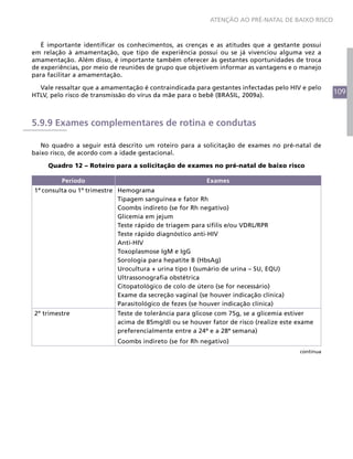 109
ATENÇÃO AO PRÉ-NATAL DE BAIXO RISCO
É importante identificar os conhecimentos, as crenças e as atitudes que a gestante possui
em relação à amamentação, que tipo de experiência possui ou se já vivenciou alguma vez a
amamentação. Além disso, é importante também oferecer às gestantes oportunidades de troca
de experiências, por meio de reuniões de grupo que objetivem informar as vantagens e o manejo
para facilitar a amamentação.
Vale ressaltar que a amamentação é contraindicada para gestantes infectadas pelo HIV e pelo
HTLV, pelo risco de transmissão do vírus da mãe para o bebê (BRASIL, 2009a).
5.9.9 Exames complementares de rotina e condutas
No quadro a seguir está descrito um roteiro para a solicitação de exames no pré-natal de
baixo risco, de acordo com a idade gestacional.
Quadro 12 – Roteiro para a solicitação de exames no pré-natal de baixo risco
Período Exames
1ª consulta ou 1º trimestre Hemograma
Tipagem sanguínea e fator Rh
Coombs indireto (se for Rh negativo)
Glicemia em jejum
Teste rápido de triagem para sífilis e/ou VDRL/RPR
Teste rápido diagnóstico anti-HIV
Anti-HIV
Toxoplasmose IgM e IgG
Sorologia para hepatite B (HbsAg)
Urocultura + urina tipo I (sumário de urina – SU, EQU)
Ultrassonografia obstétrica
Citopatológico de colo de útero (se for necessário)
Exame da secreção vaginal (se houver indicação clínica)
Parasitológico de fezes (se houver indicação clínica)
2º trimestre Teste de tolerância para glicose com 75g, se a glicemia estiver
acima de 85mg/dl ou se houver fator de risco (realize este exame
preferencialmente entre a 24ª e a 28ª semana)
Coombs indireto (se for Rh negativo)
continua
 