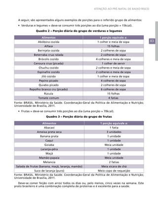 83
ATENÇÃO AO PRÉ-NATAL DE BAIXO RISCO
A seguir, são apresentados alguns exemplos de porções para o referido grupo de alimentos:
•	 Verduras e legumes = deve-se consumir três porções ao dia (uma porção = 15kcal).
Quadro 2 – Porção diária do grupo de verduras e legumes
Alimentos 1 porção equivale a:
Abóbora cozida 1 colher e meia de sopa
Alface 15 folhas
Berinjela cozida 2 colheres de sopa
Beterraba crua ralada 2 colheres de sopa
Brócolis cozido 4 colheres e meia de sopa
Cenoura crua (picada) 1 colher de servir
Chuchu cozido 2 colheres e meia de sopa
Espinafre cozido 2 colheres e meia de sopa
Jiló cozido 1 colher e meia de sopa
Pepino picado 4 colheres de sopa
Quiabo picado 2 colheres de sopa
Repolho branco cru (picado) 6 colheres de sopa
Rúcula 15 folhas
Tomate comum 4 fatias
Fonte: BRASIL. Ministério da Saúde. Coordenação-Geral da Política de Alimentação e Nutrição;
Universidade de Brasília, 2011.
•	 Frutas = deve-se consumir três porções ao dia (uma porção = 70kcal).
Quadro 3 – Porção diária do grupo de frutas
Alimentos 1 porção equivale a:
Abacaxi 1 fatia
Ameixa preta seca 3 unidades
Banana prata 1 unidade
Caqui 1 unidade
Goiaba Meia unidade
Laranja-pêra 1 unidade
Maçã 1 unidade
Mamão-papaia Meia unidade
Melancia 2 fatias
Salada de frutas (banana, maçã, laranja, mamão) Meia xícara de chá
Suco de laranja (puro) Meio copo de requeijão
Fonte: BRASIL. Ministério da Saúde. Coordenação-Geral da Política de Alimentação e Nutrição;
Universidade de Brasília, 2011.
Deve-se comer feijão com arroz todos os dias ou, pelo menos, cinco vezes na semana. Este
prato brasileiro é uma combinação completa de proteínas e é excelente para a saúde.
 